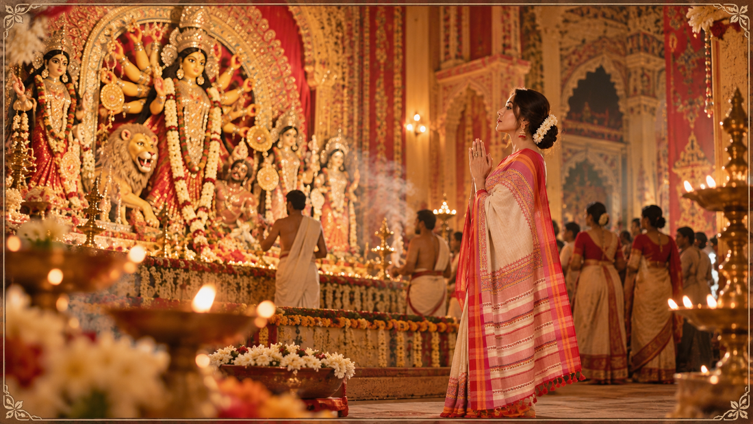 A modern Bengali woman elegantly draped in an authentic handwoven red Jamdani saree for Durga Pujo Ashtami Anjali.