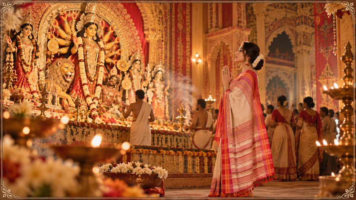 A modern Bengali woman elegantly draped in an authentic handwoven red Jamdani saree for Durga Pujo Ashtami Anjali.