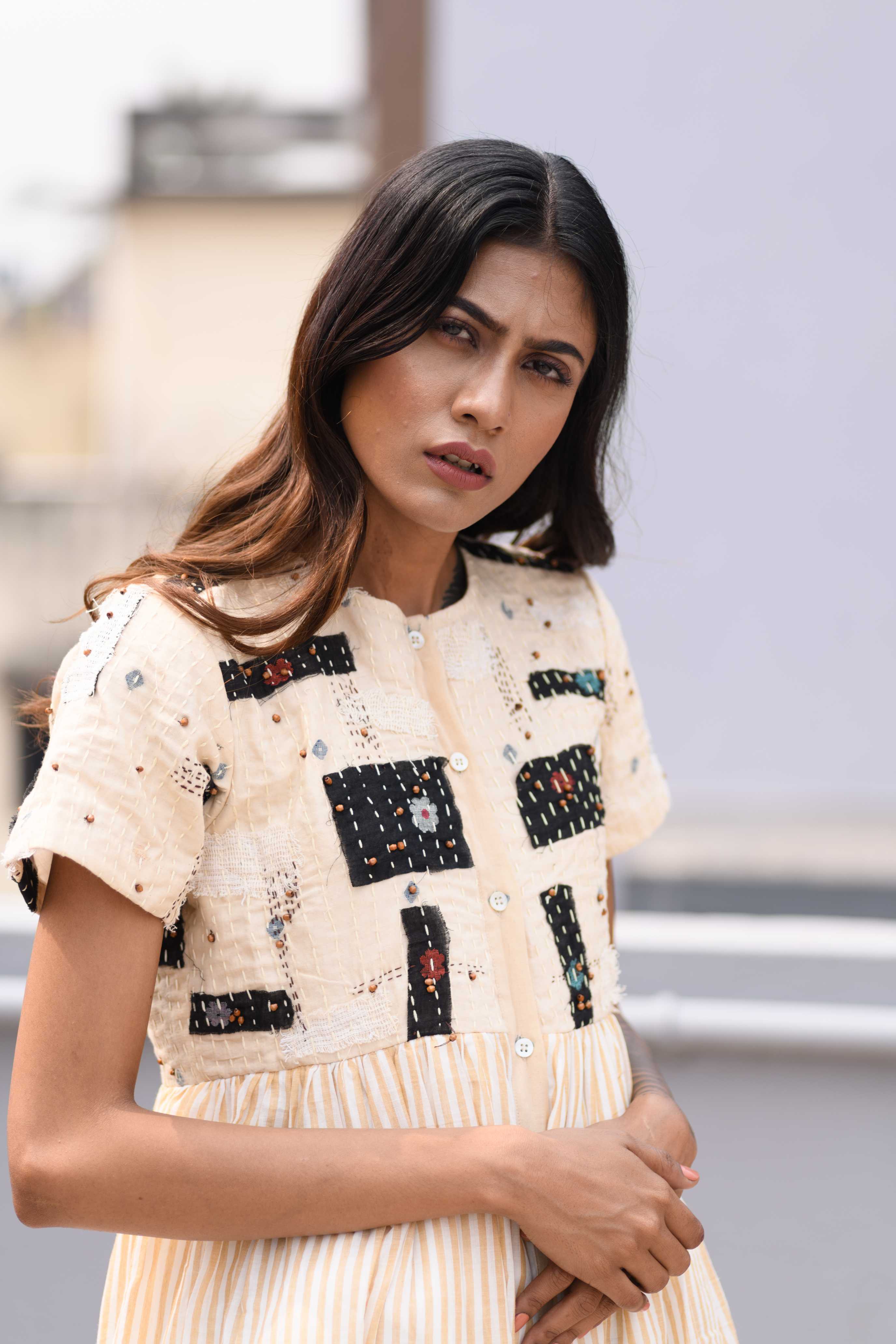 Handwoven Cotton Long Dress Katha Work