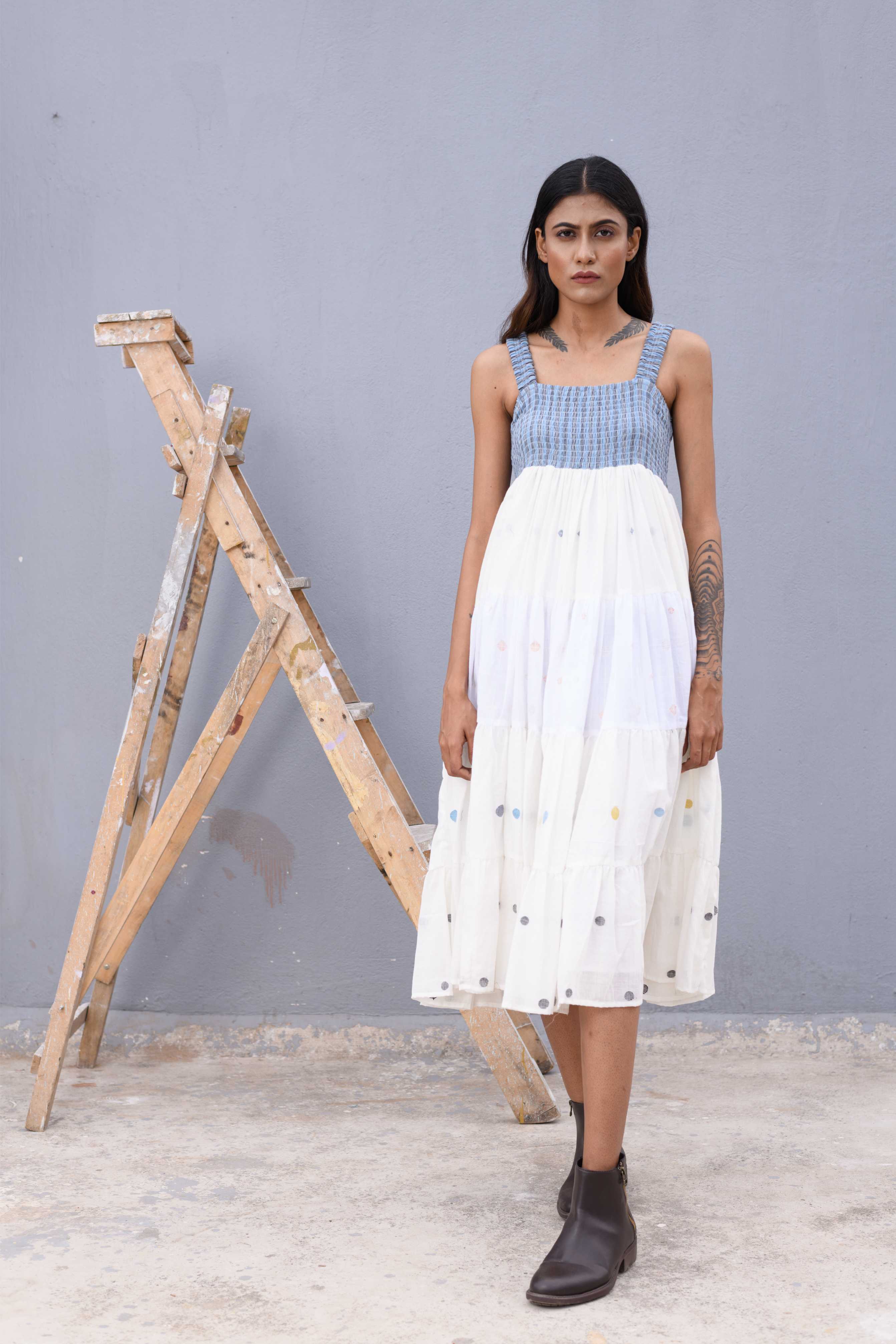 Handwoven white jamdani long dress