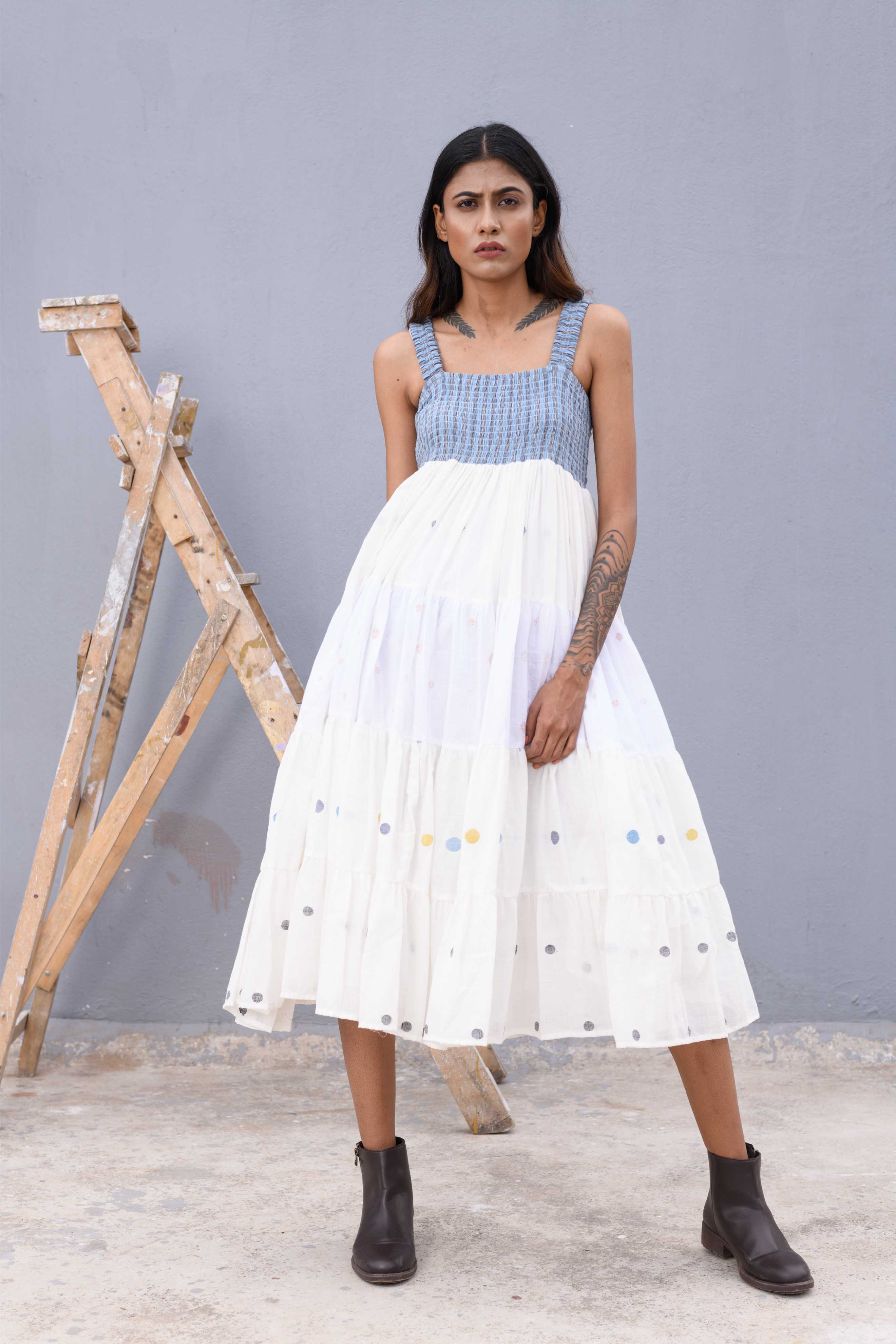 Handwoven white jamdani long dress