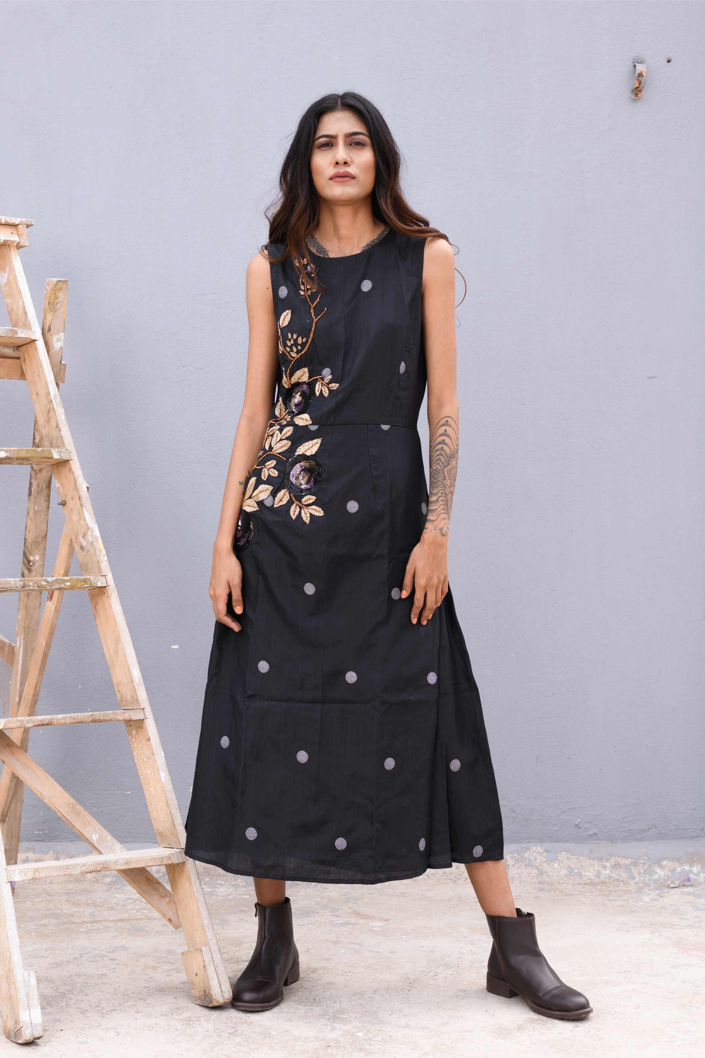 Handwoven Black silk Jamdani long dress