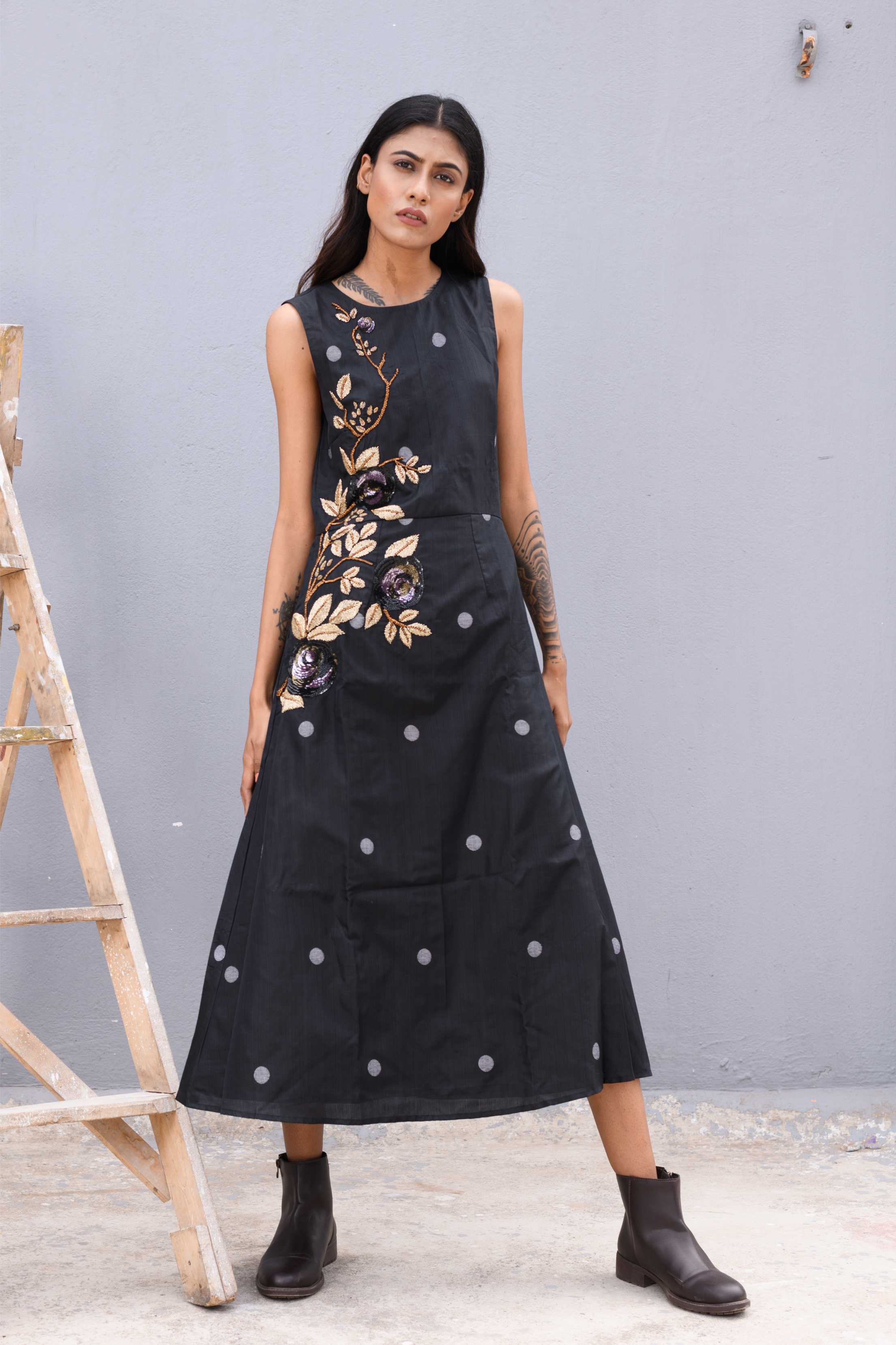 Handwoven Black Silk Jamdani Long Dress