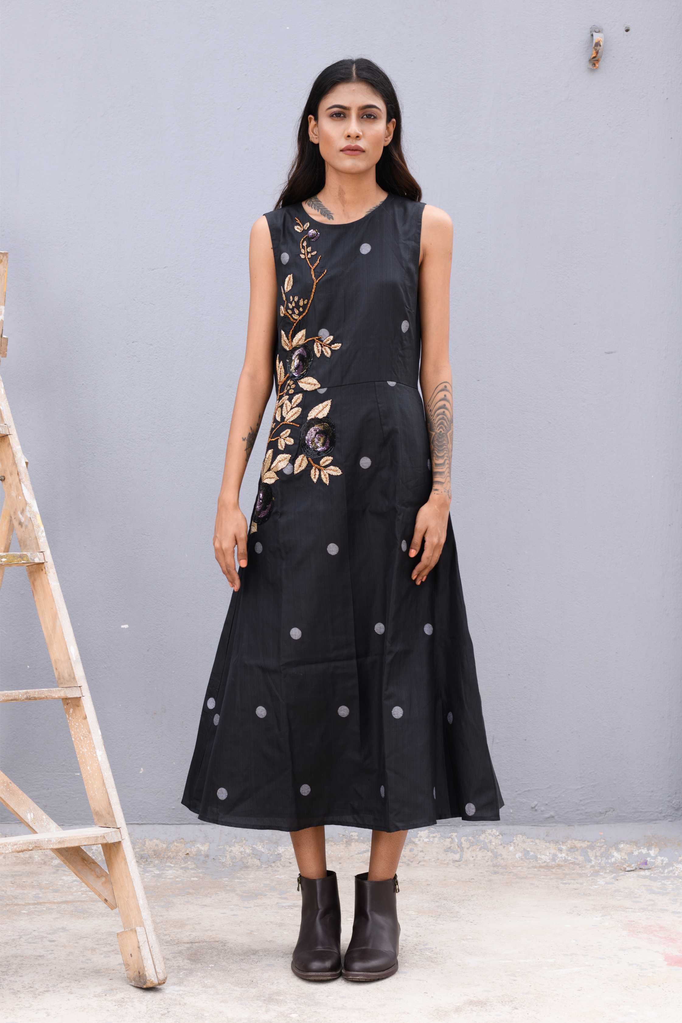 Handwoven Black Silk Jamdani Long Dress