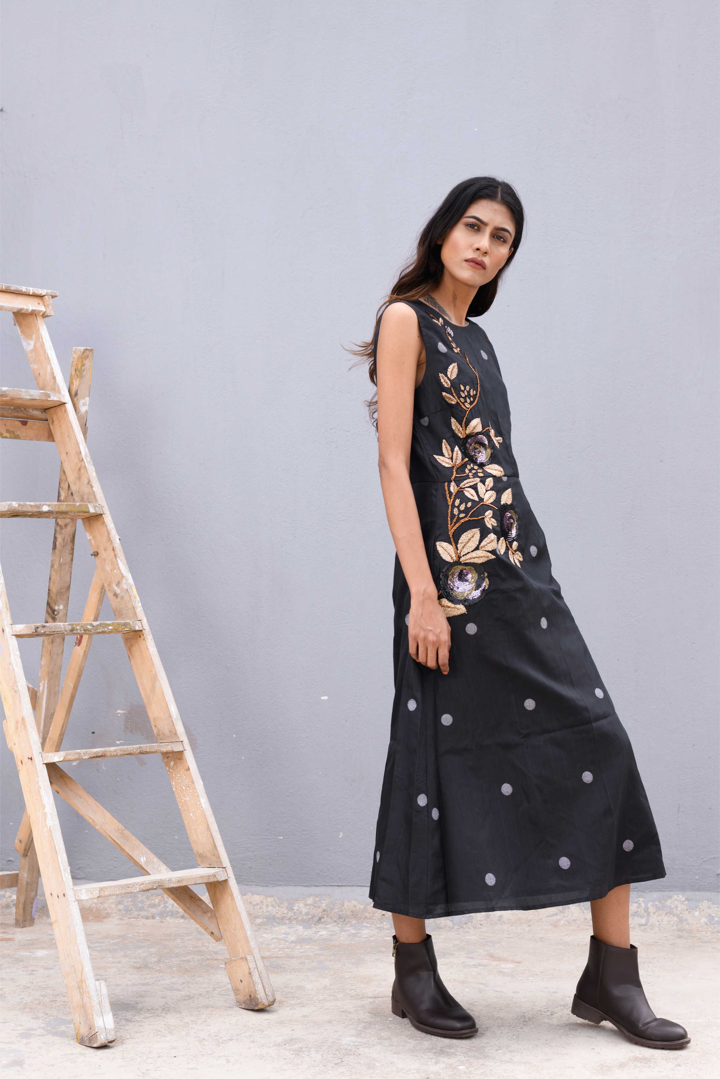 Handwoven Black silk Jamdani long dress