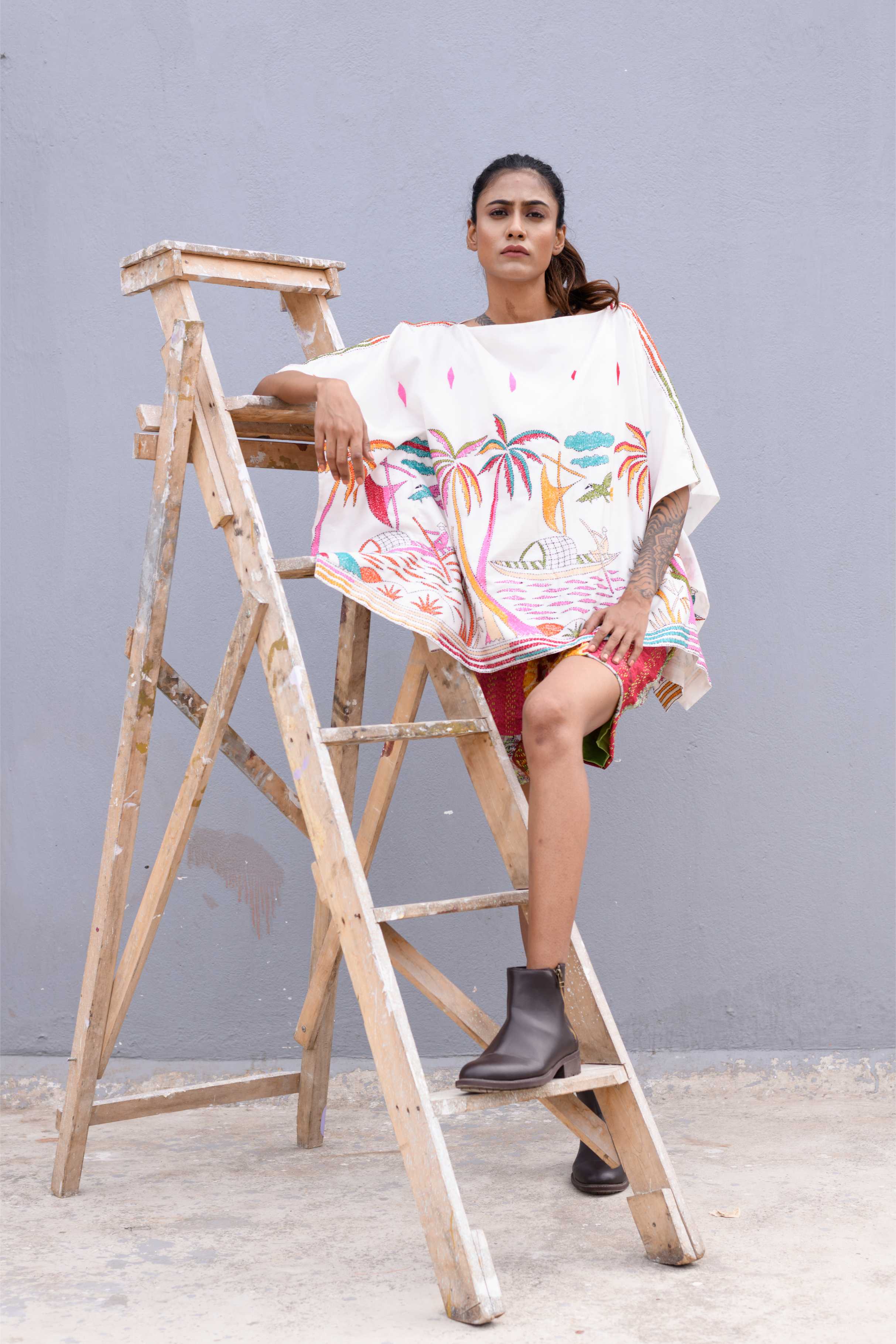 Handwoven Caftan With Kantha Work