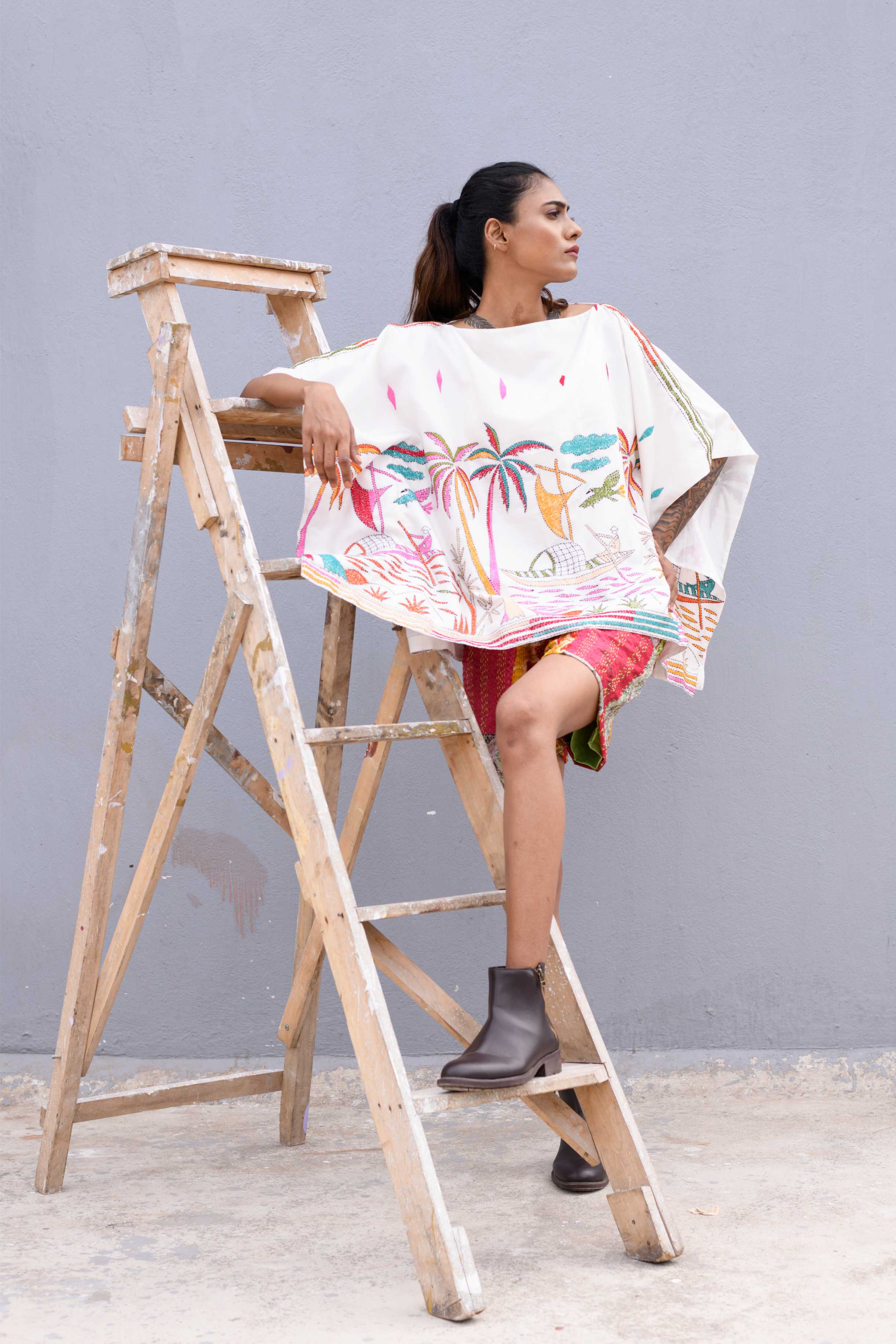 Handwoven Caftan With Kantha Work