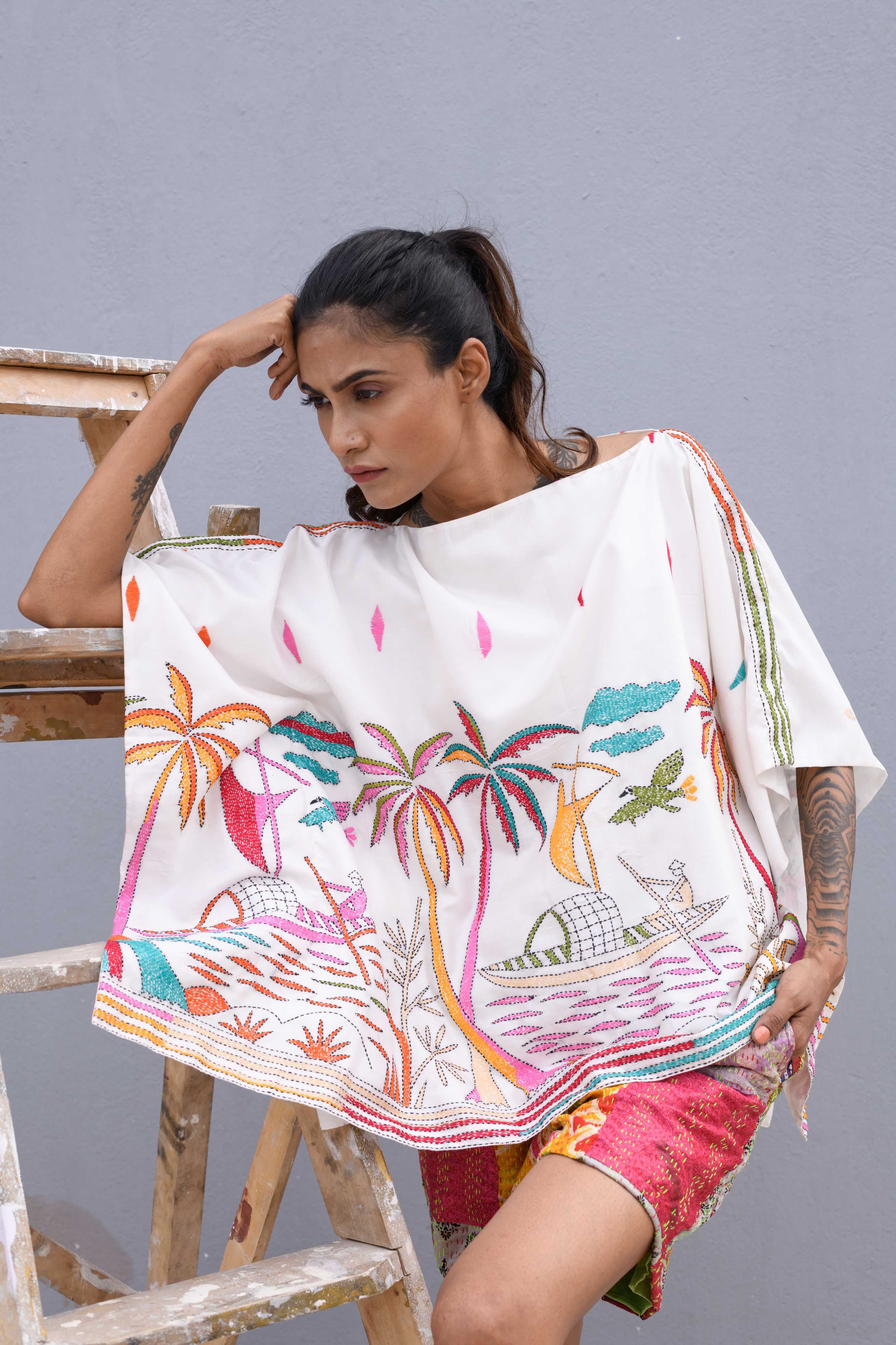 Handwoven Caftan With Kantha Work