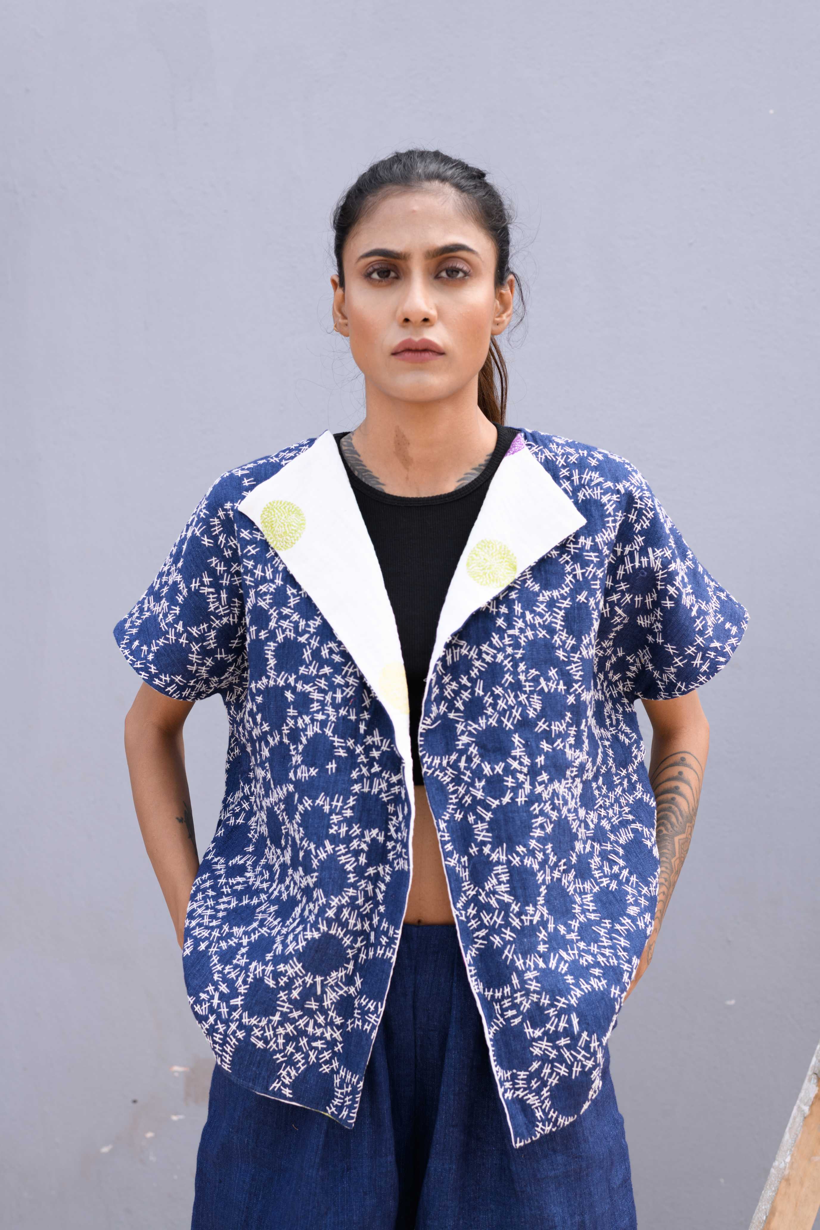 Handwoven Reversible Jacket With Kantha Work