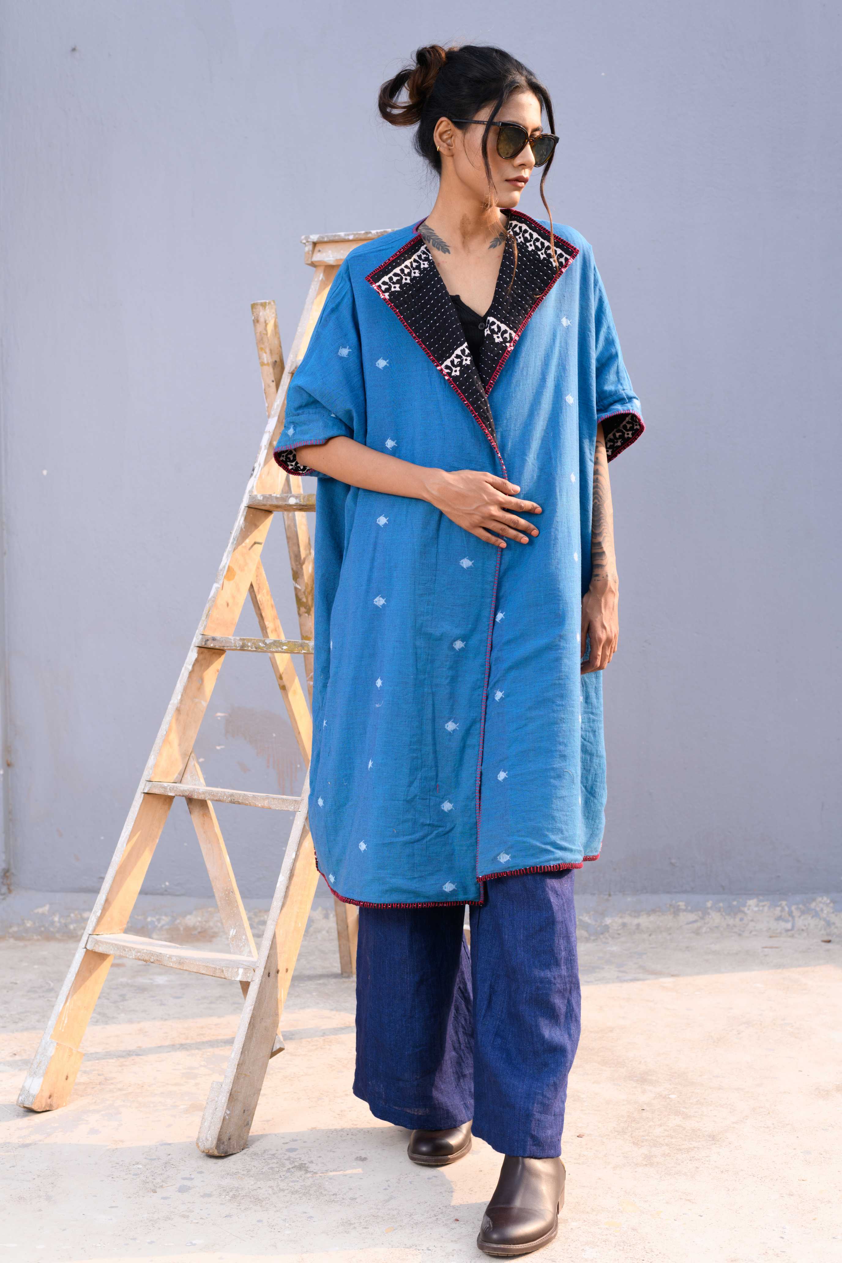 Handwoven Reversible Jacket With Jamdani & Kanta Work