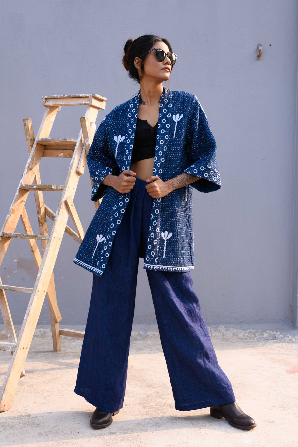 Handwoven Cotton Jamdani Reversible Jacket With Kantha Work