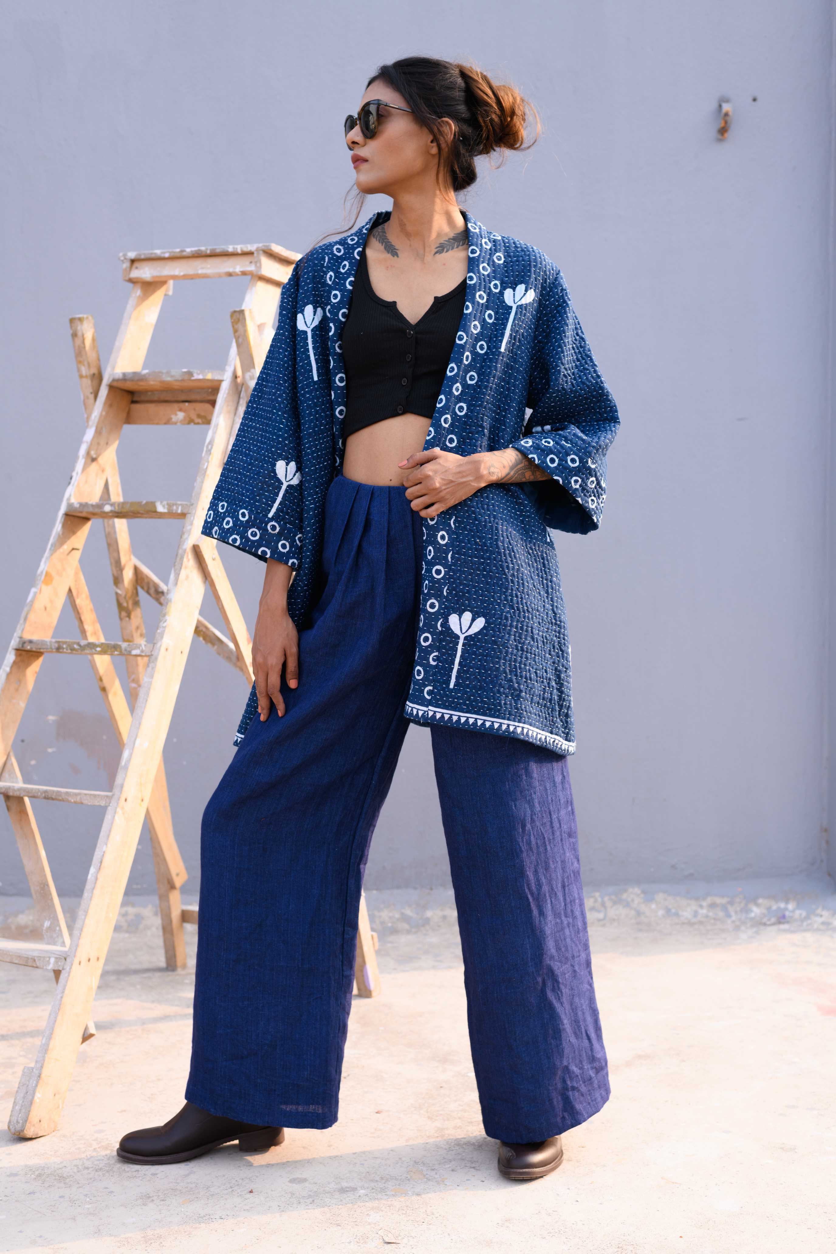 Handwoven Cotton Jamdani Reversible Jacket With Kantha Work