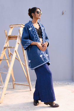 Handwoven cotton jamdani reversible Jacket with kantha work