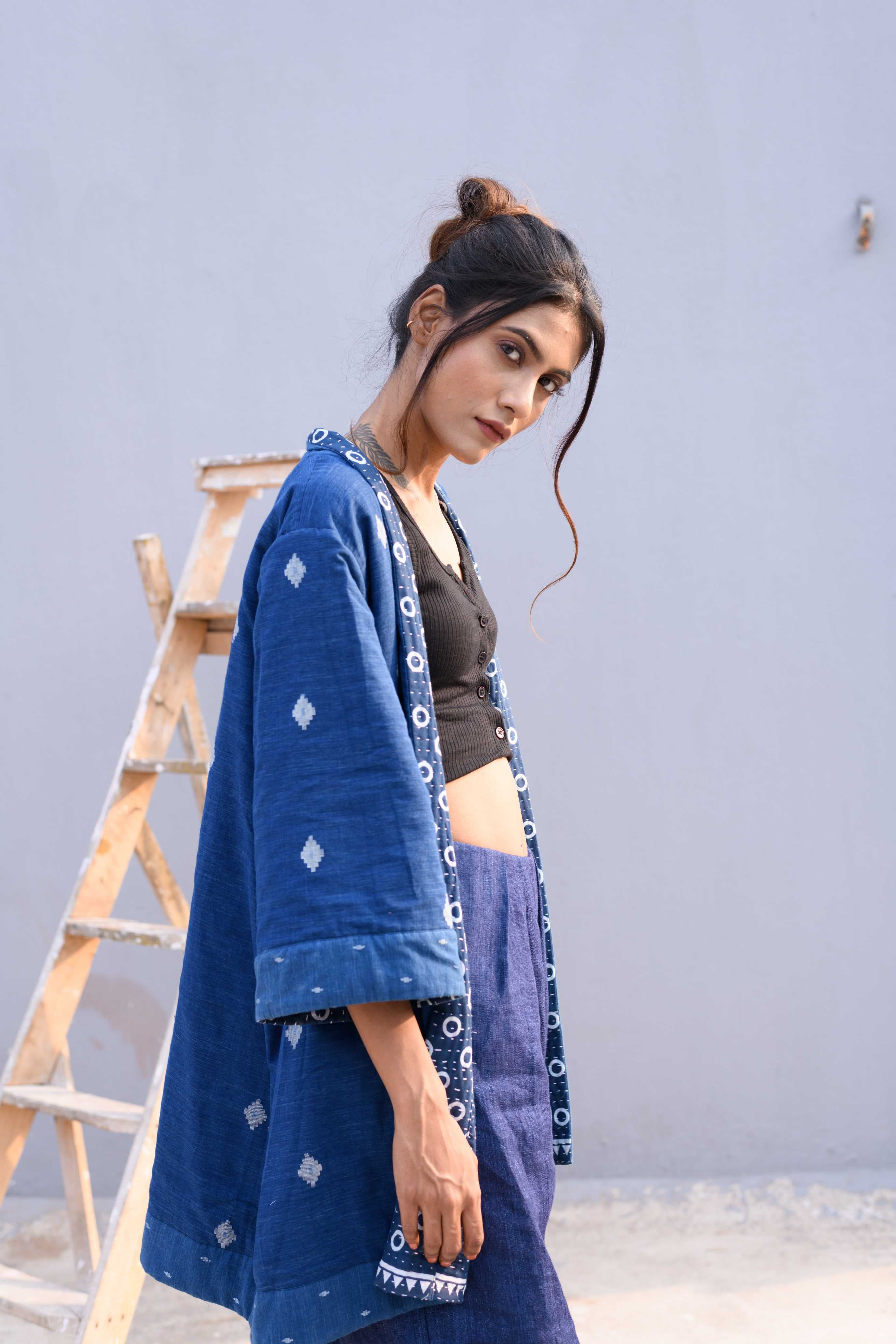 Handwoven Cotton Jamdani Reversible Jacket With Kantha Work