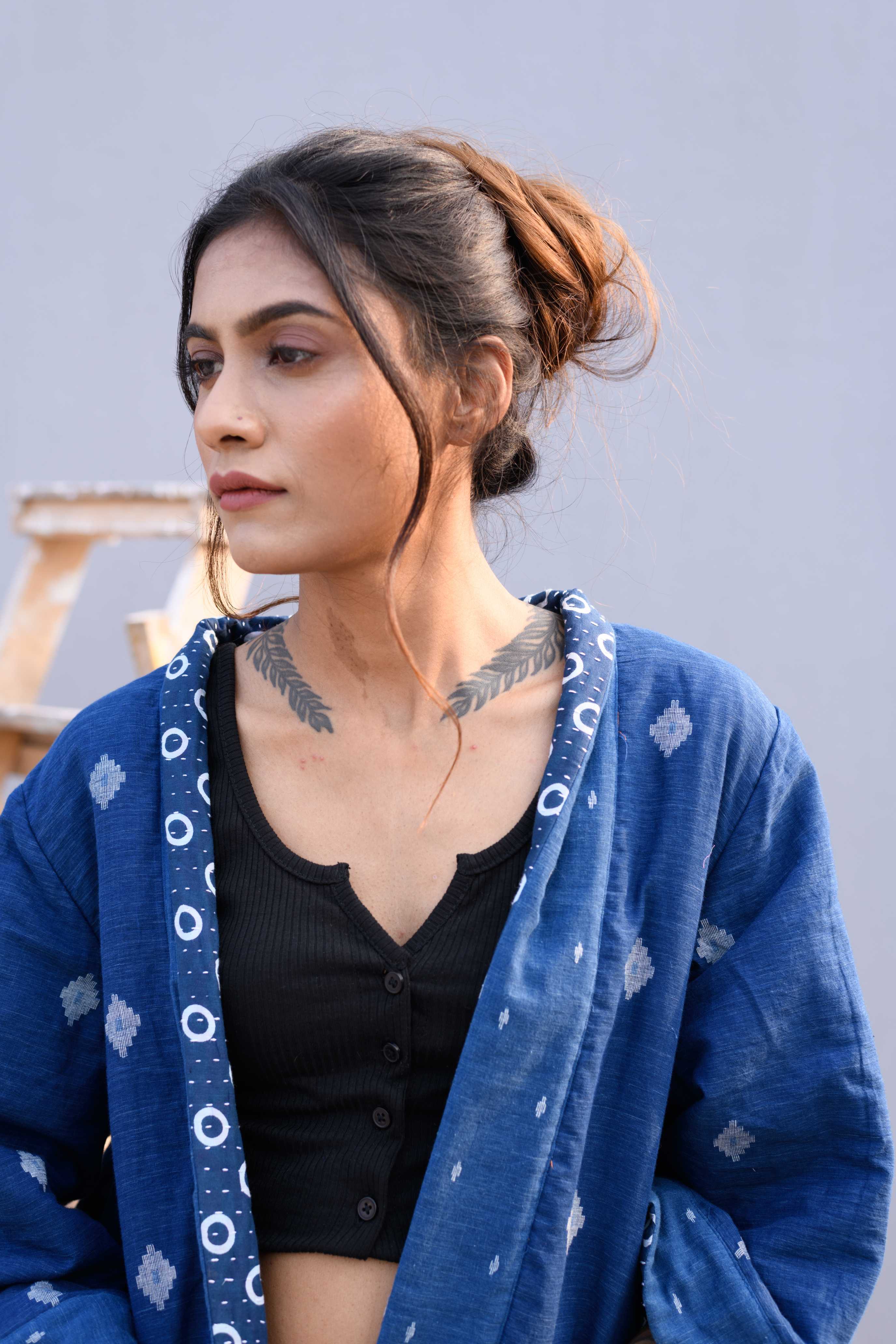 Handwoven Cotton Jamdani Reversible Jacket With Kantha Work
