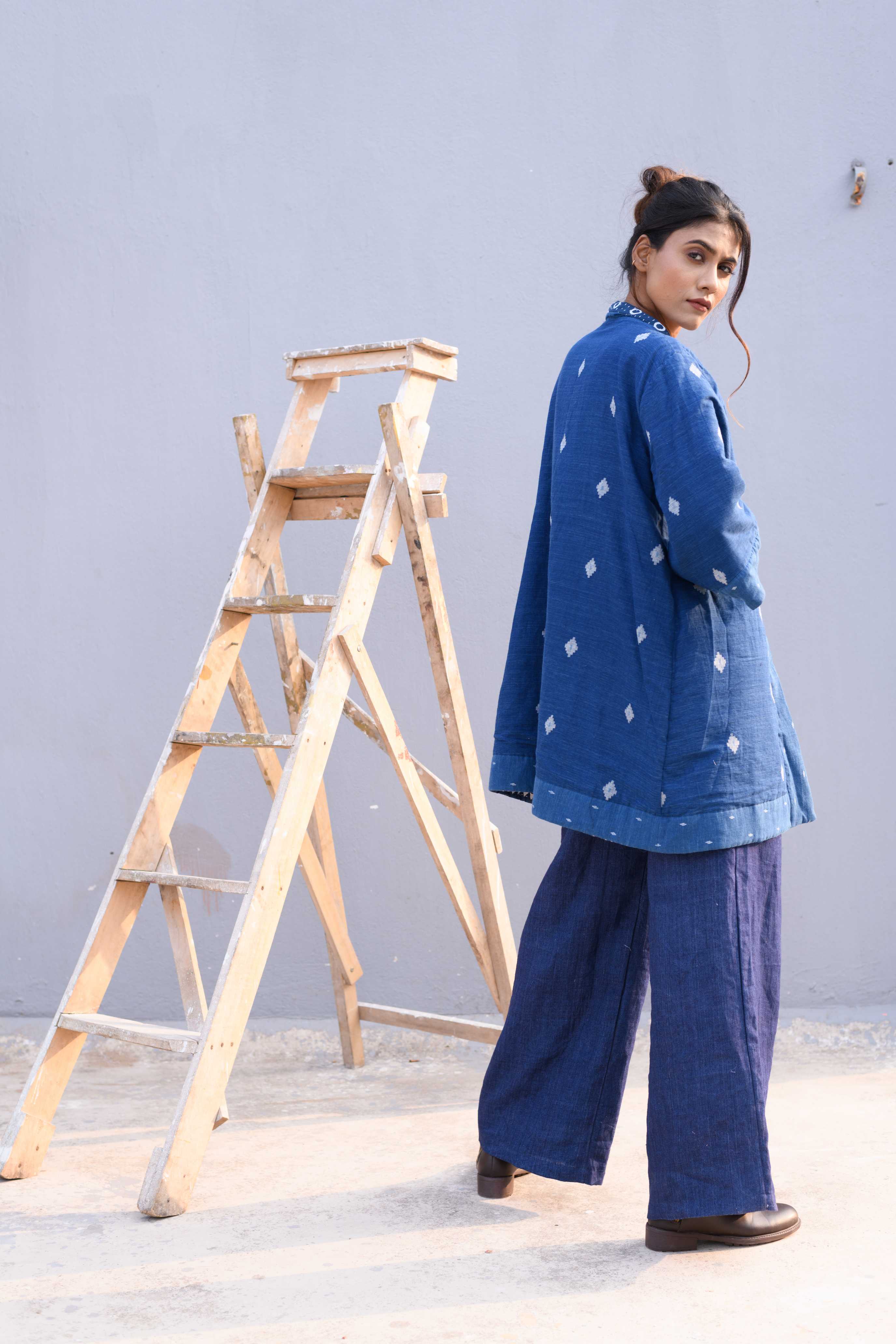 Handwoven Cotton Jamdani Reversible Jacket With Kantha Work