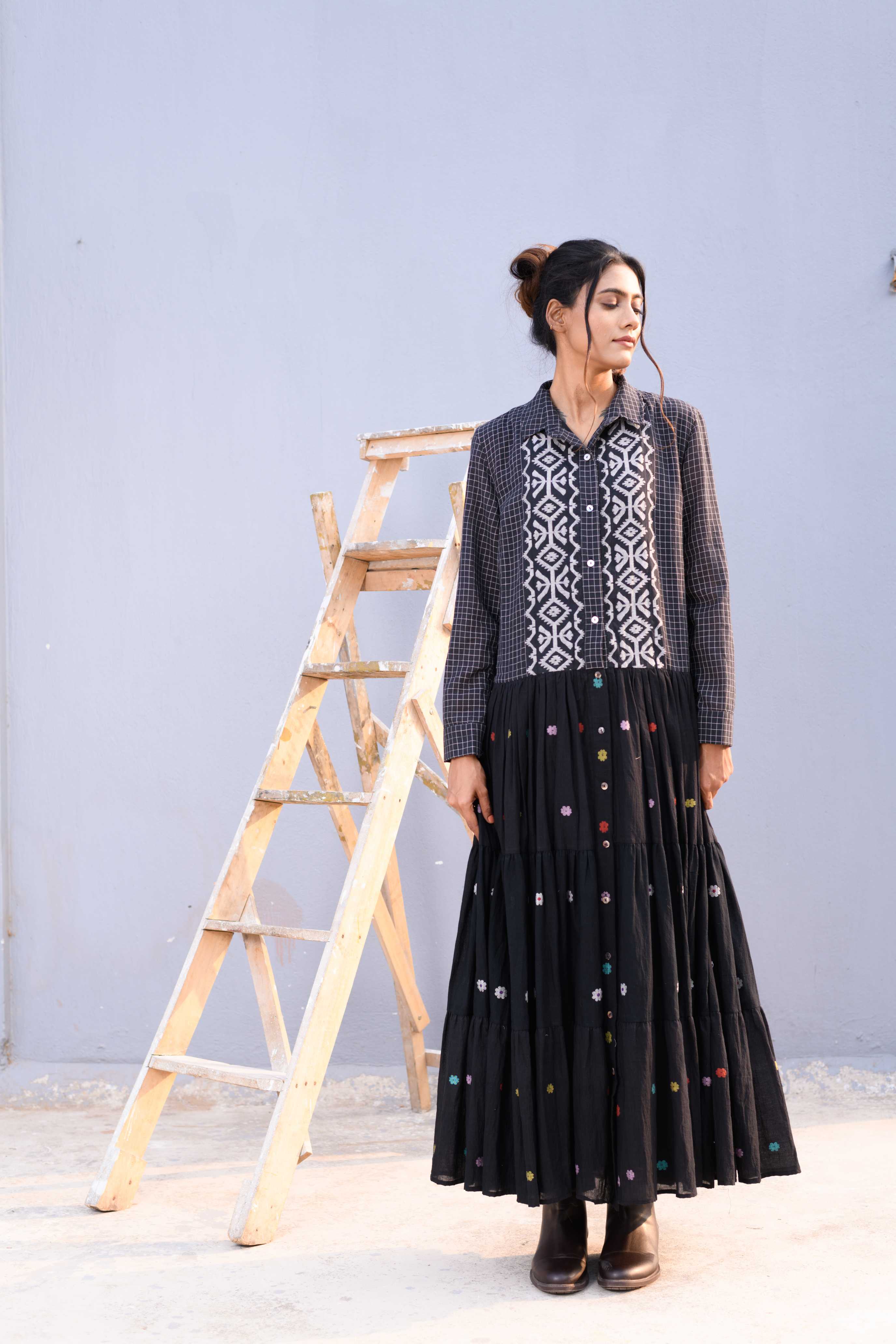 Handwoven Black Cotton Jamdani Dress