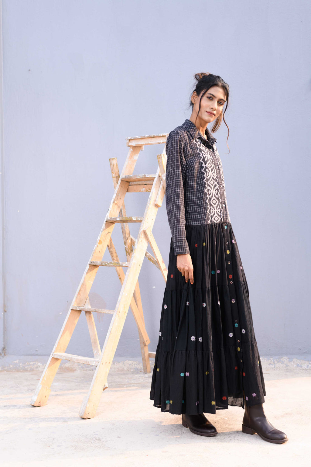Handwoven Black Cotton Jamdani Dress