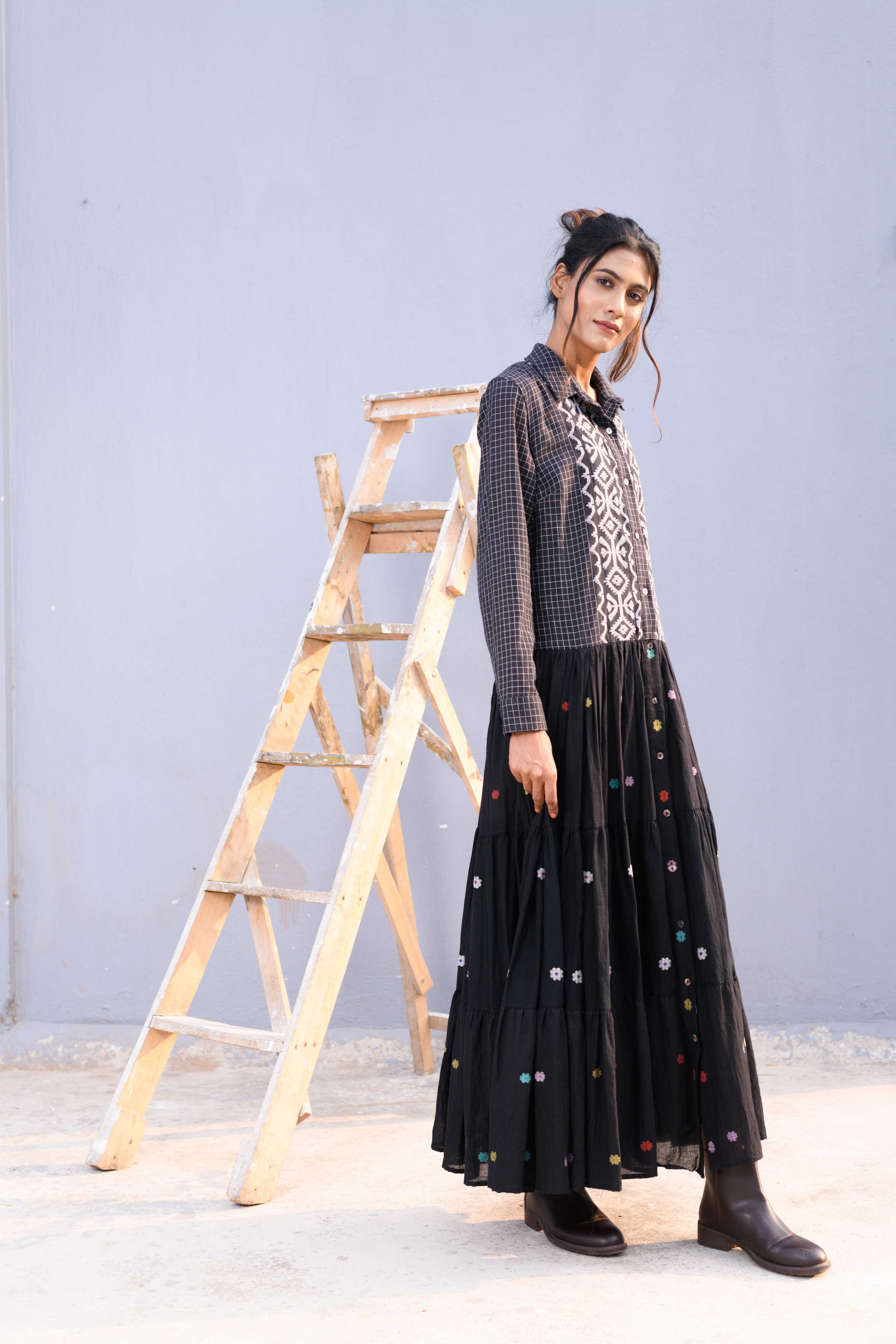 Handwoven Black Cotton Jamdani Dress