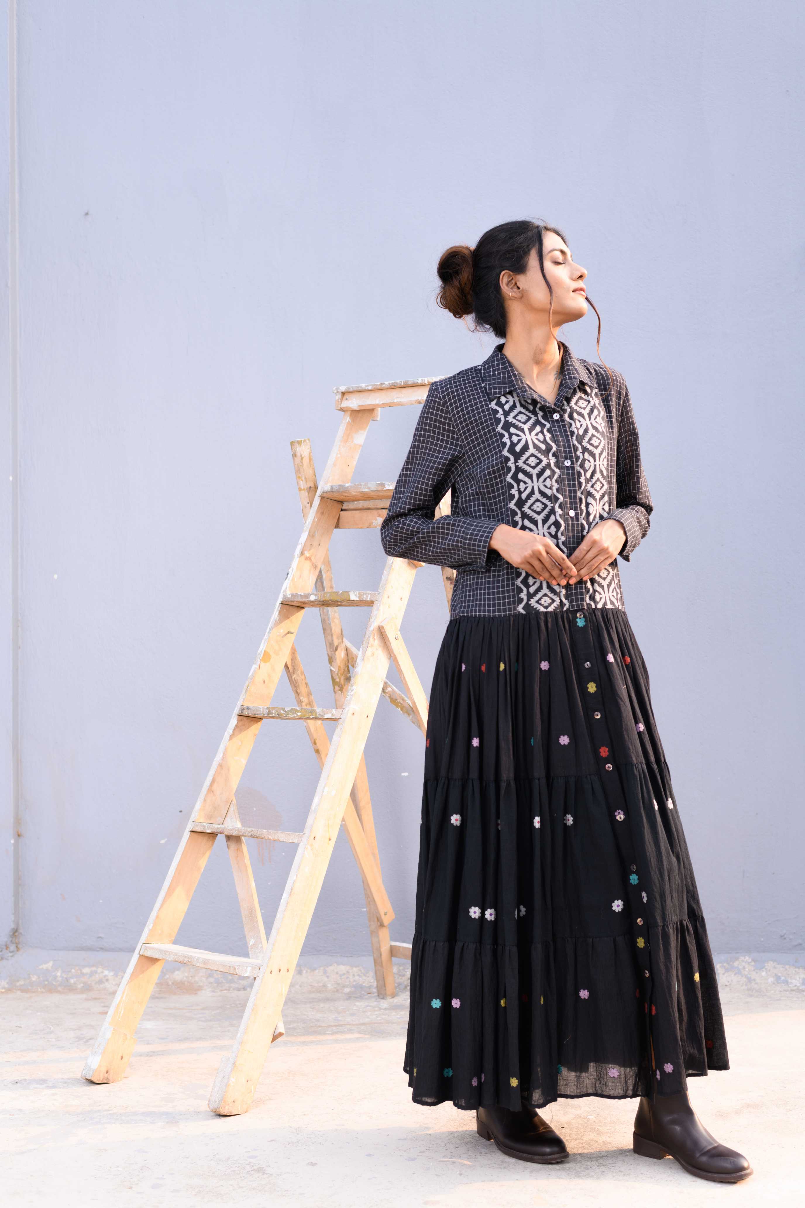 Handwoven Black Cotton Jamdani Dress