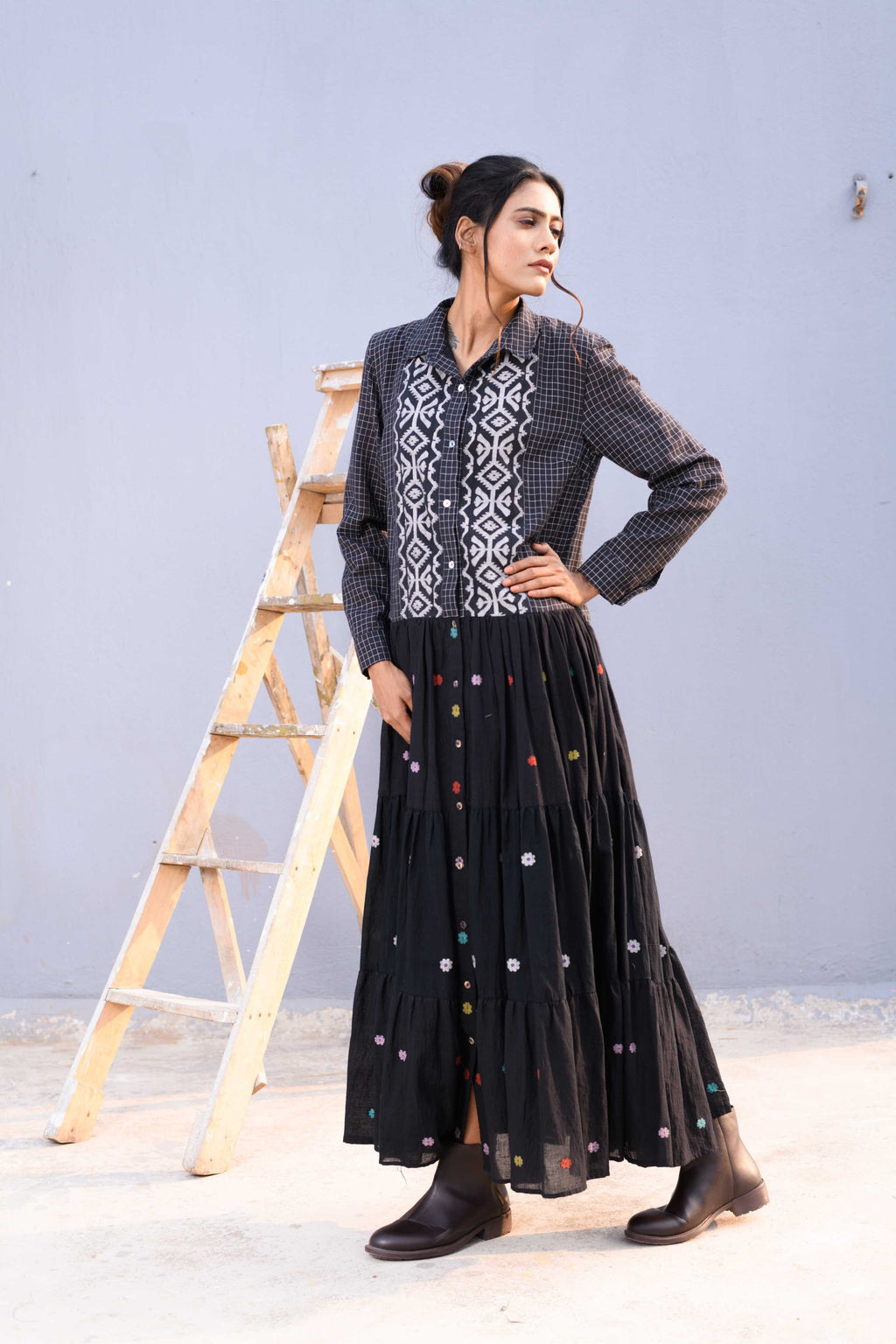 Handwoven Black Cotton Jamdani Dress
