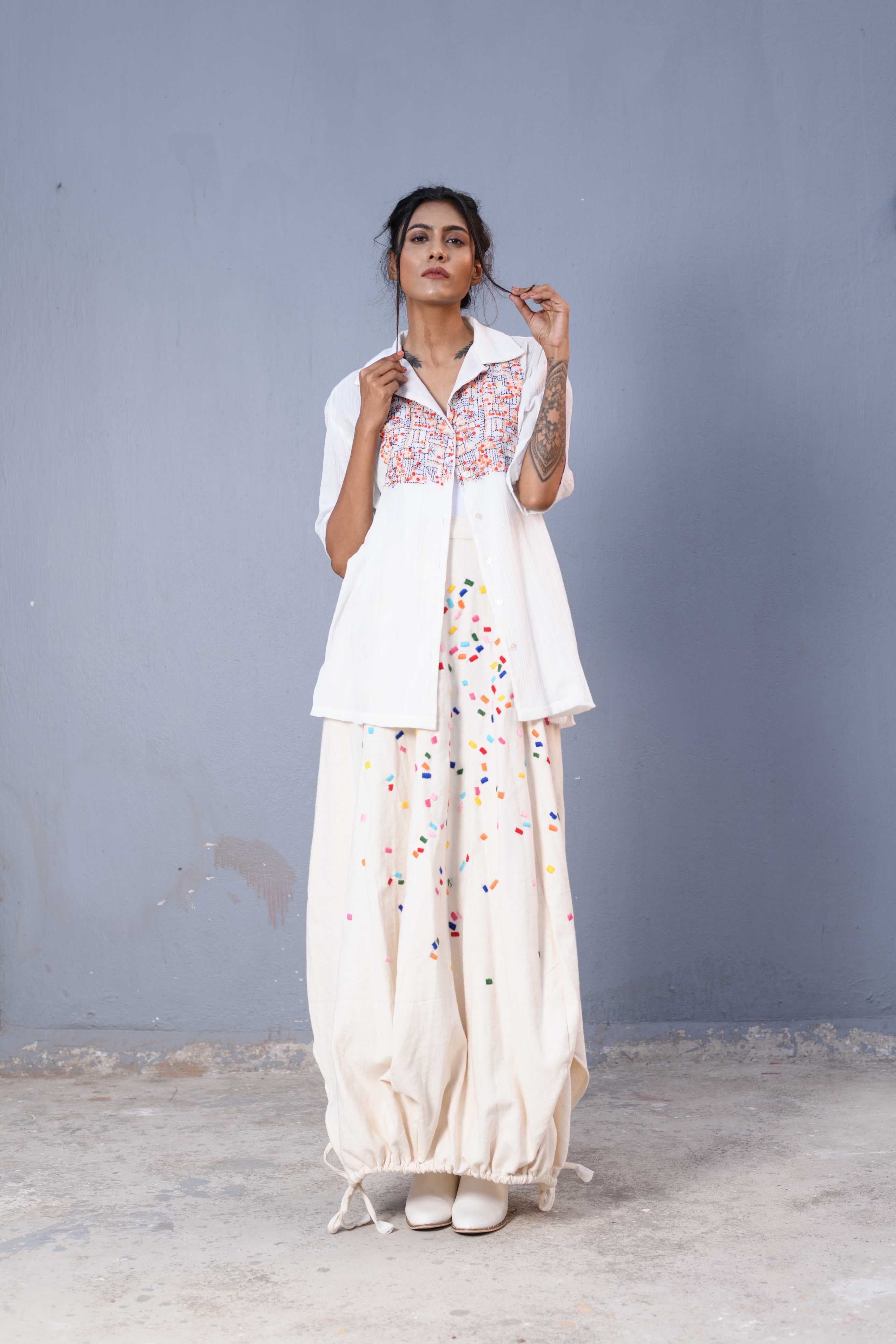 Handwoven White Kantha Work Shirt