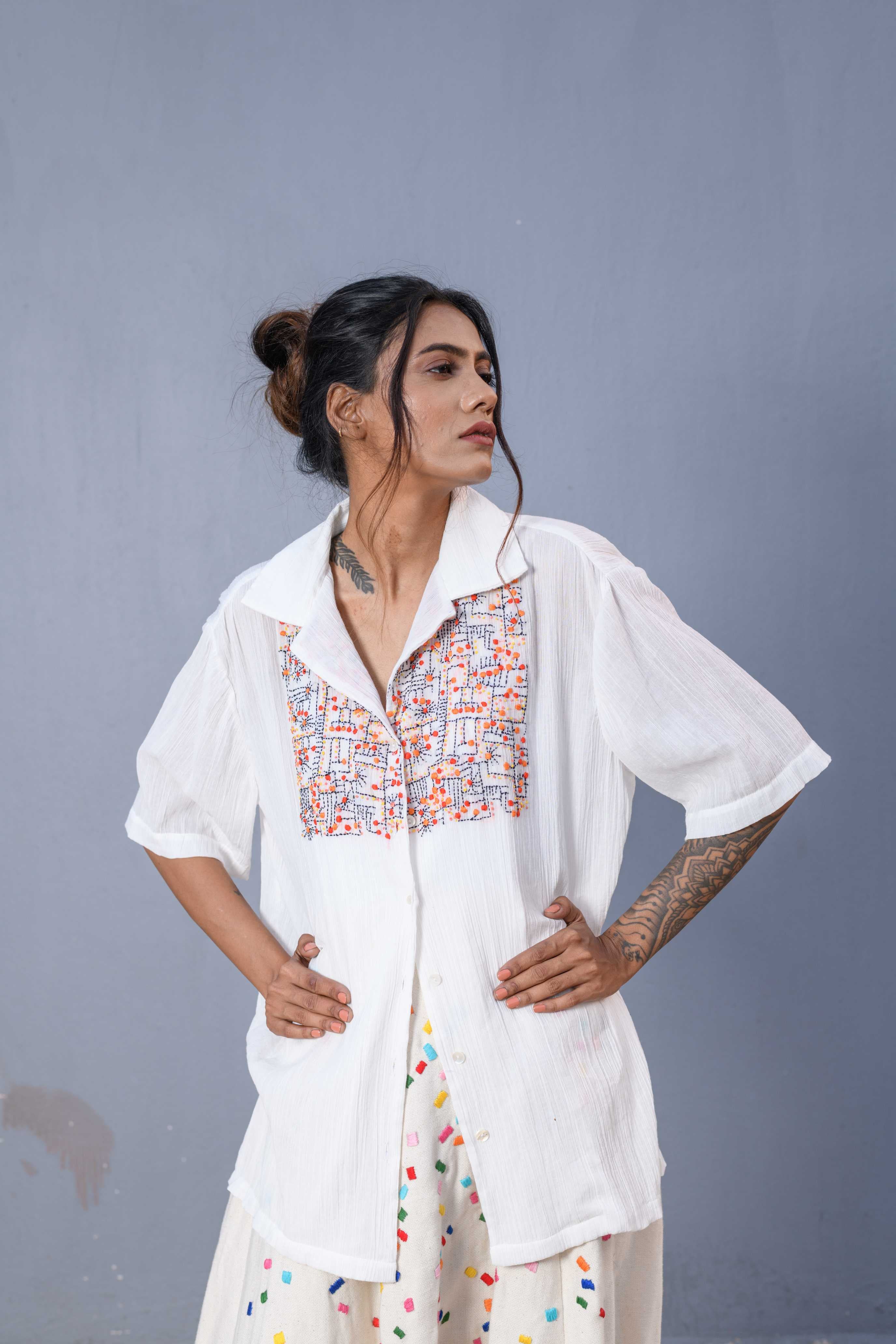 Handwoven White Kantha Work Shirt