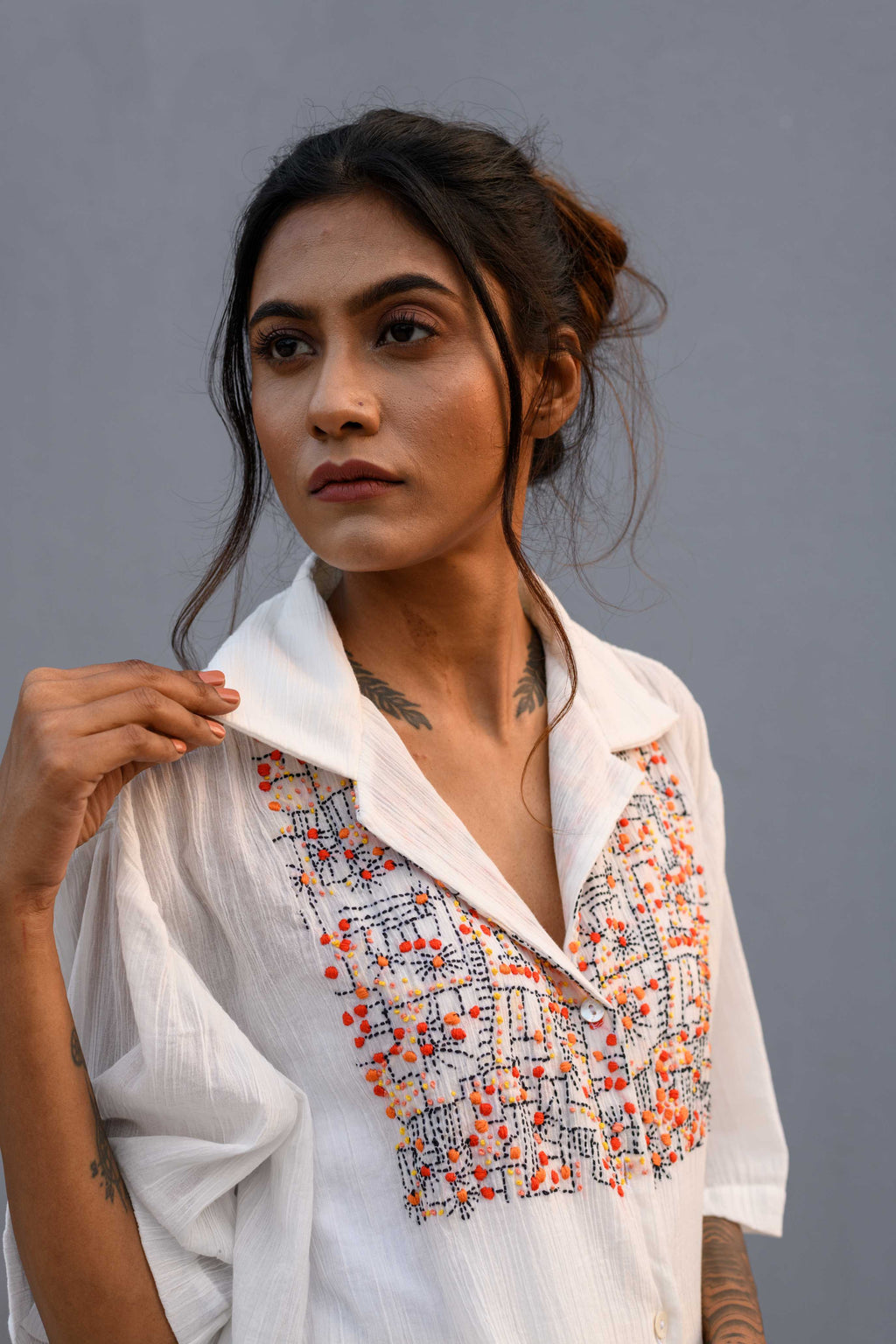 Handwoven White Kantha Work Shirt