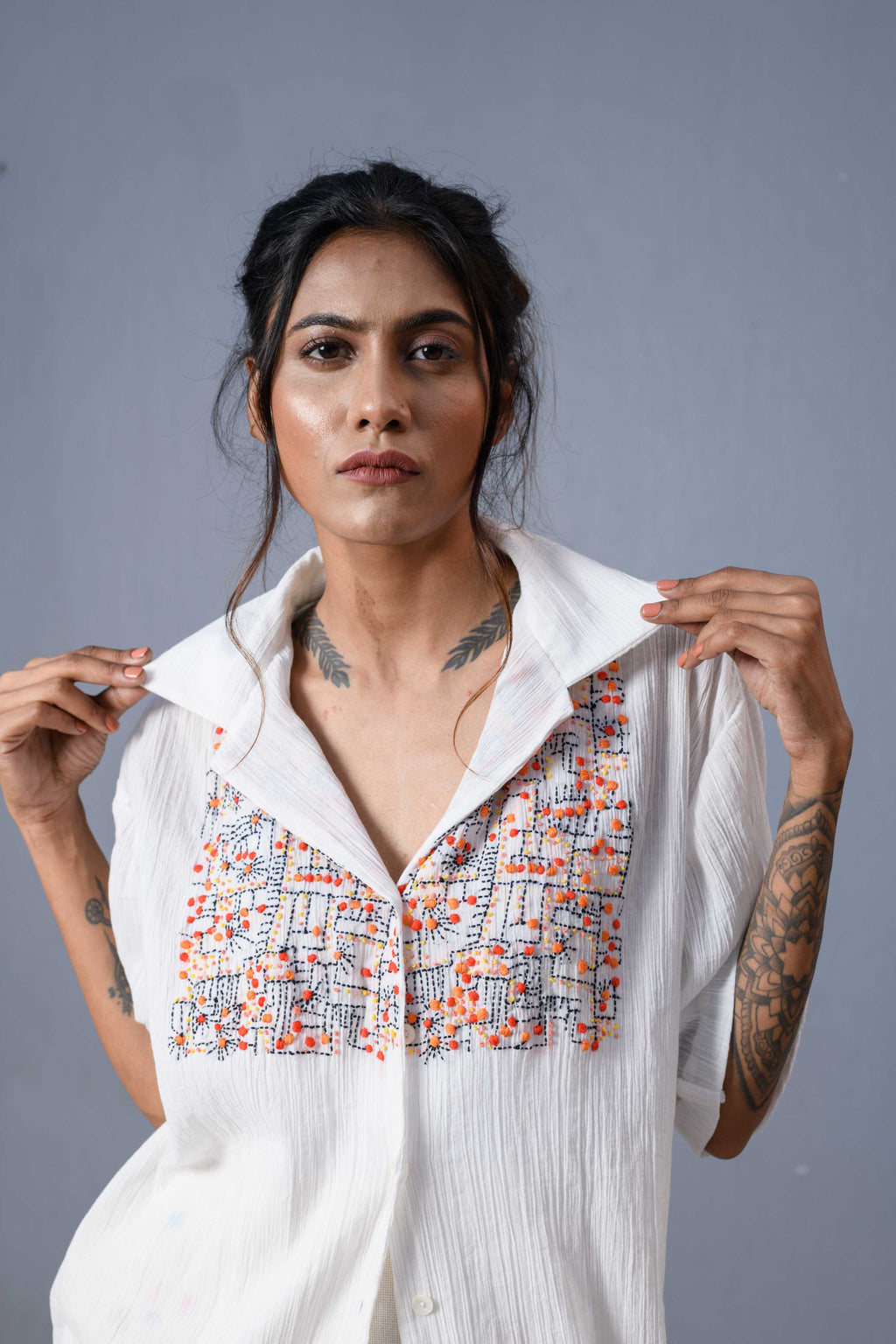 Handwoven White Kantha Work Shirt
