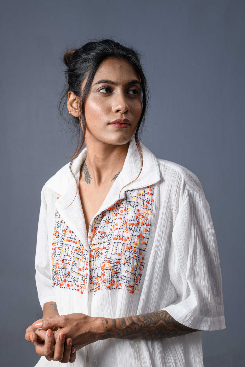 Handwoven White Kantha Work Shirt