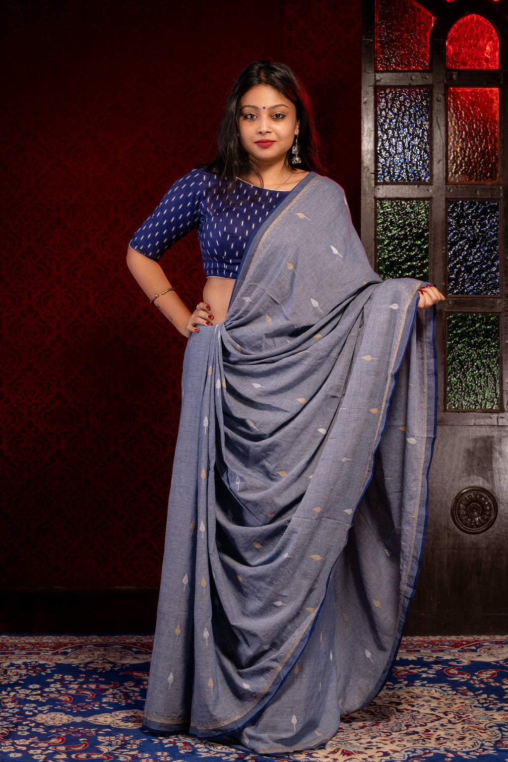 Indigo Kahdi Jamdani With kantha work - Aankona