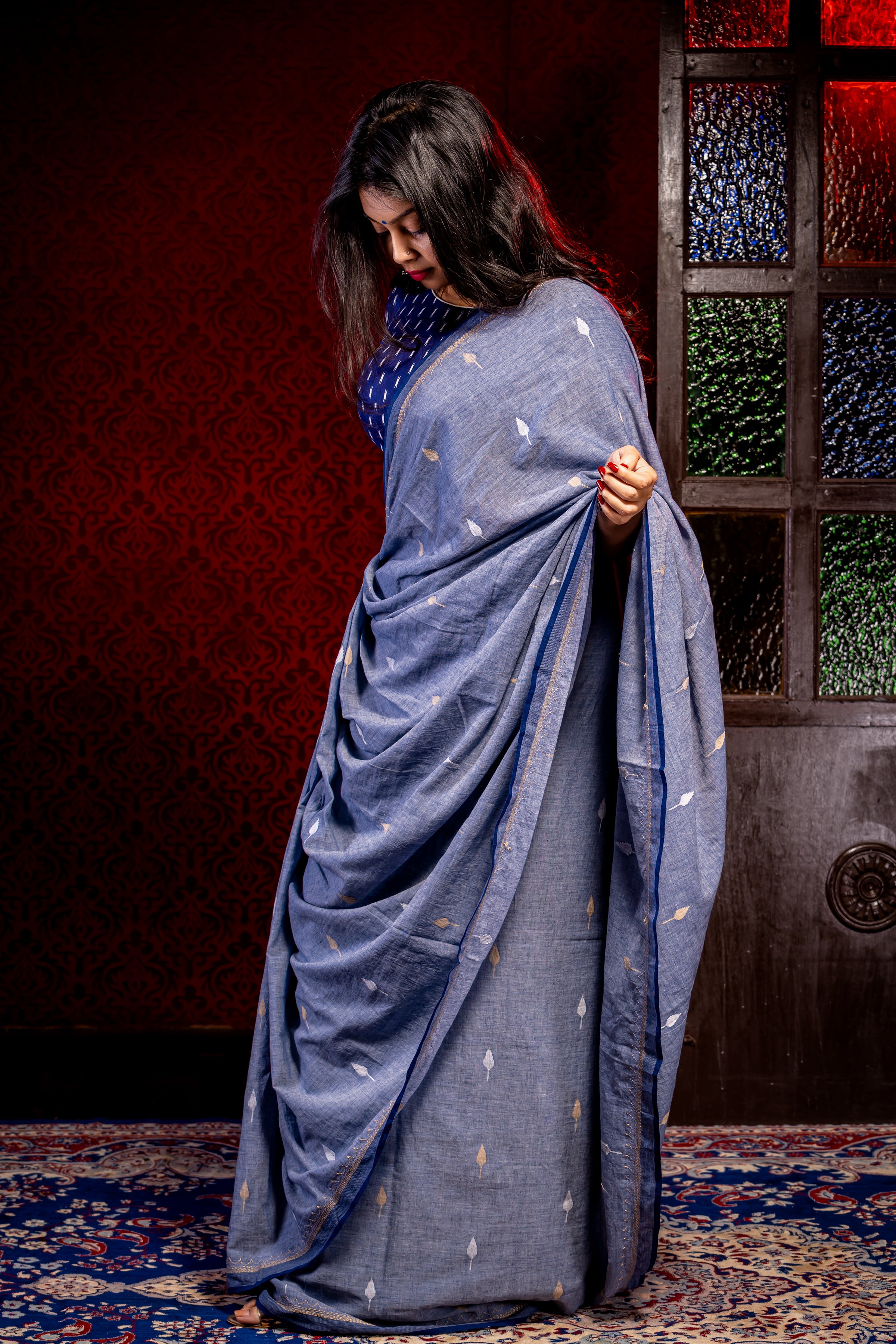 Indigo Kahdi Jamdani With kantha work - Aankona