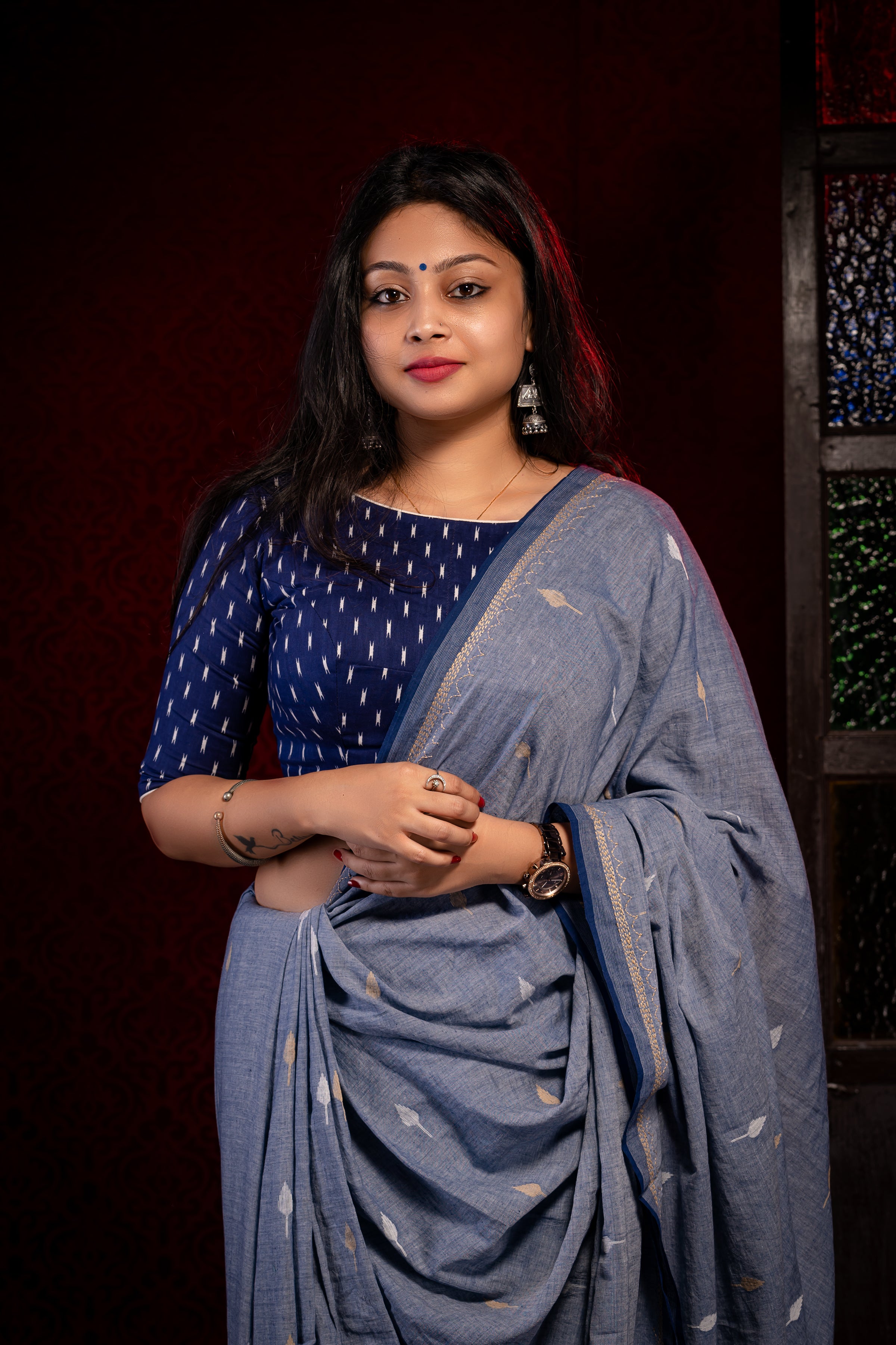 Indigo Kahdi Jamdani With kantha work - Aankona