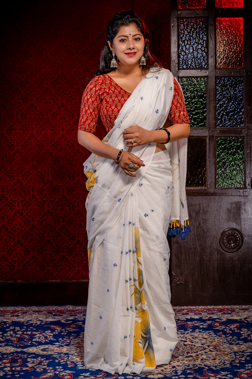 White Khadi jamdani With yellow Buta - Aankona