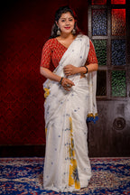 White Khadi jamdani With yellow Buta - Aankona