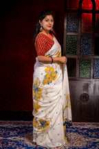 White Khadi jamdani With yellow Buta - Aankona