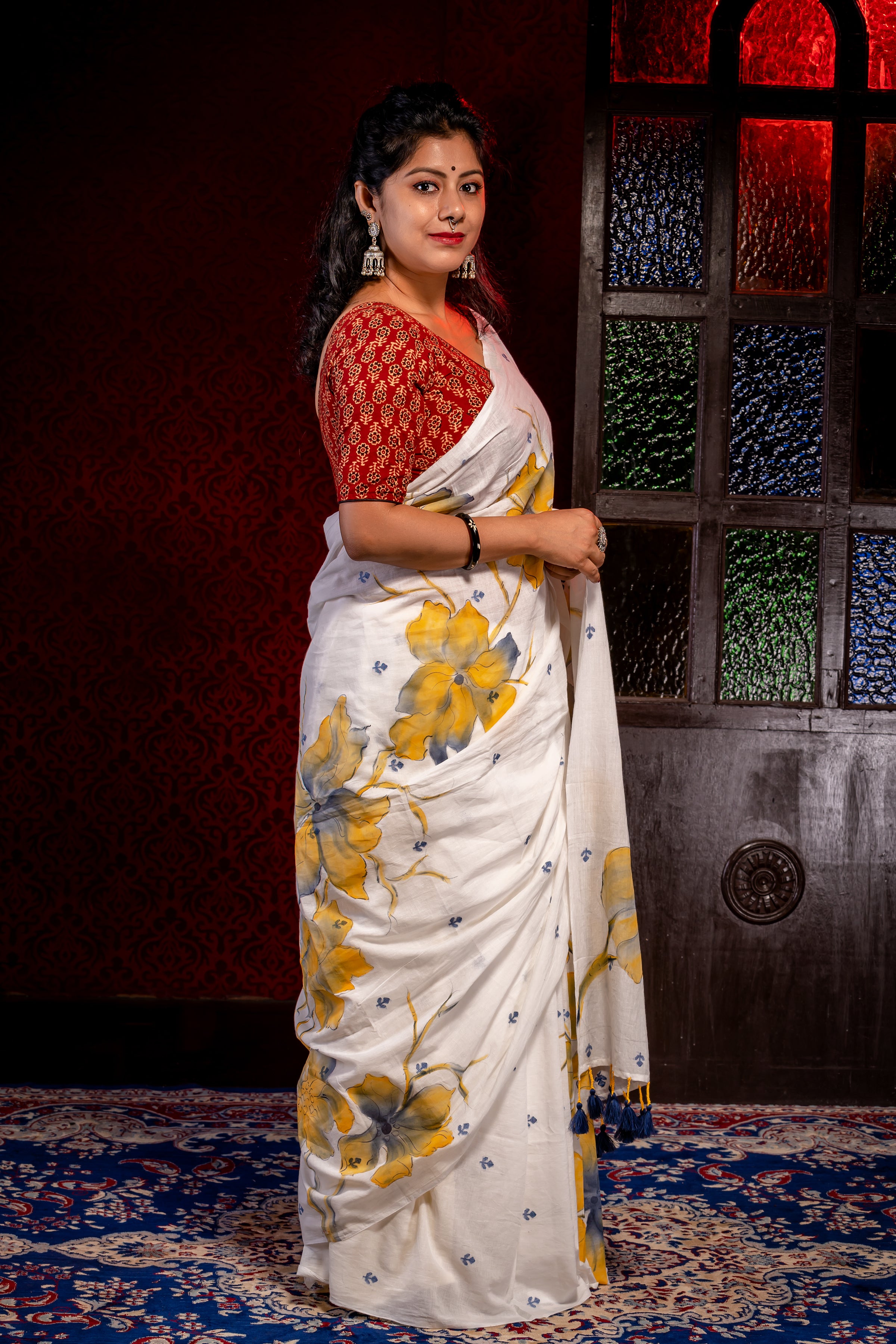 White Khadi jamdani With yellow Buta - Aankona