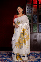 White Khadi jamdani With yellow Buta - Aankona