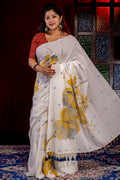 White Khadi jamdani With yellow Buta - Aankona