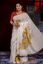White Khadi jamdani With yellow Buta - Aankona