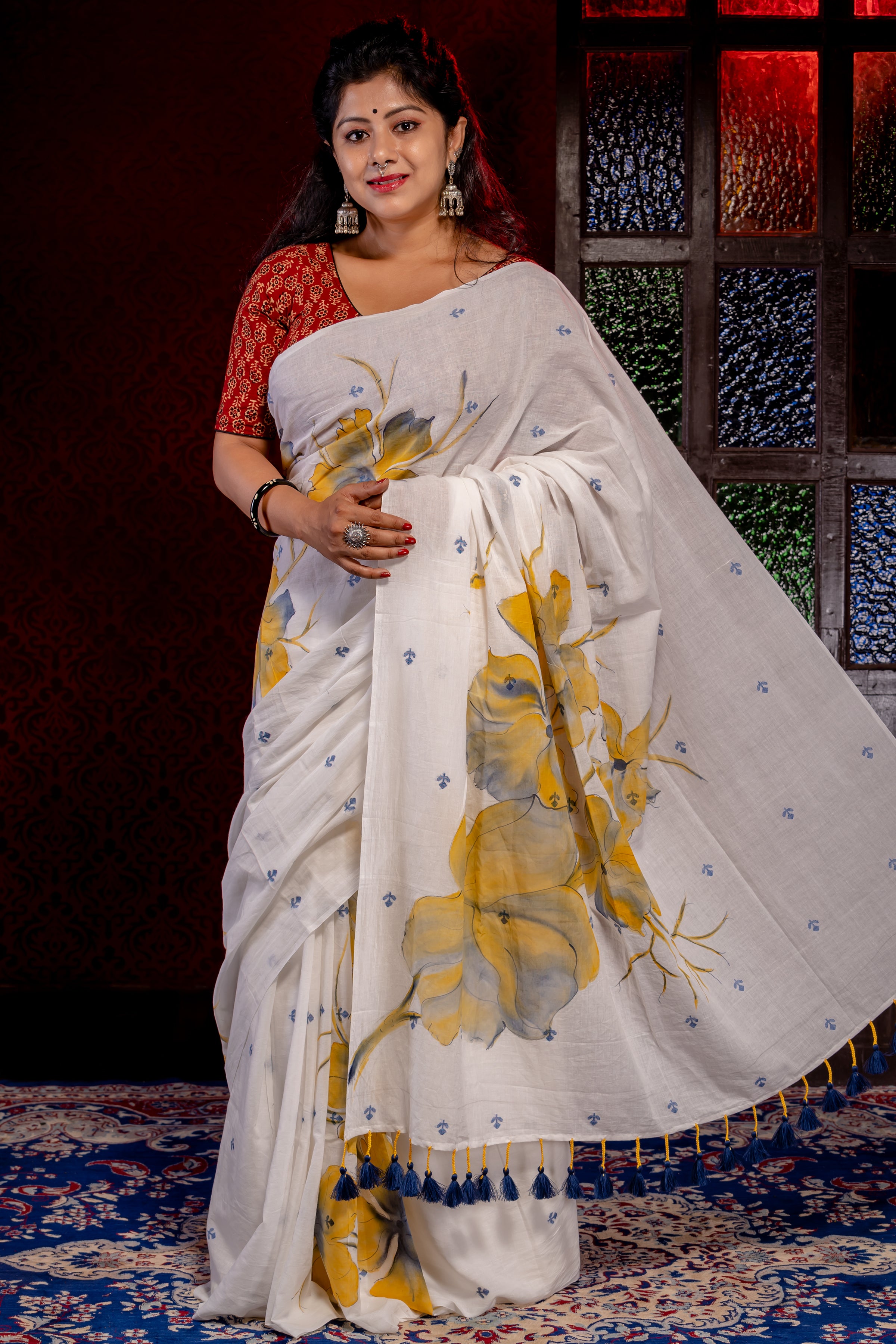 White Khadi jamdani With yellow Buta - Aankona