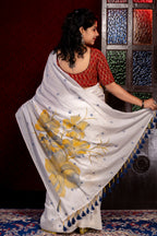 White Khadi jamdani With yellow Buta - Aankona