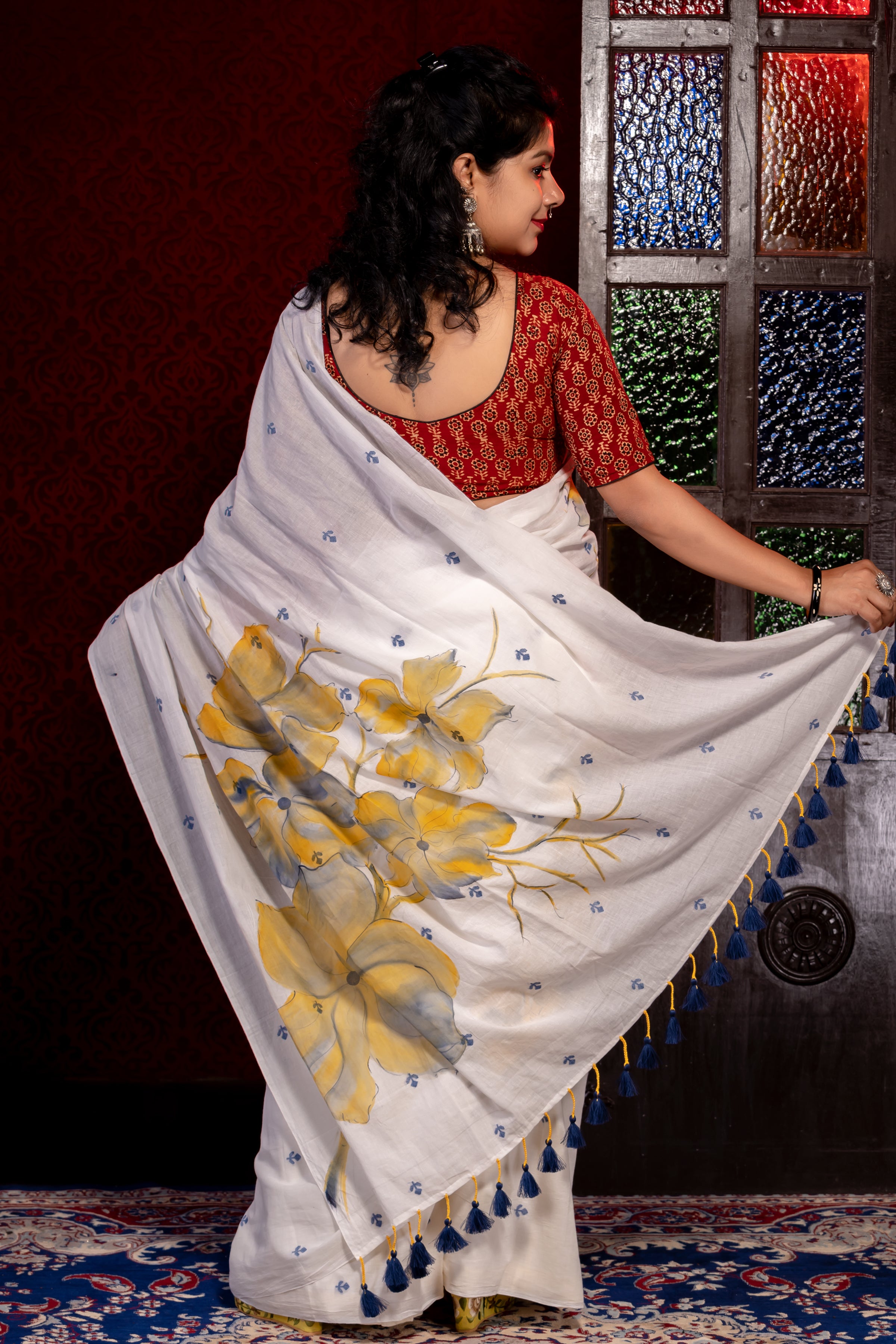 White Khadi jamdani With yellow Buta - Aankona