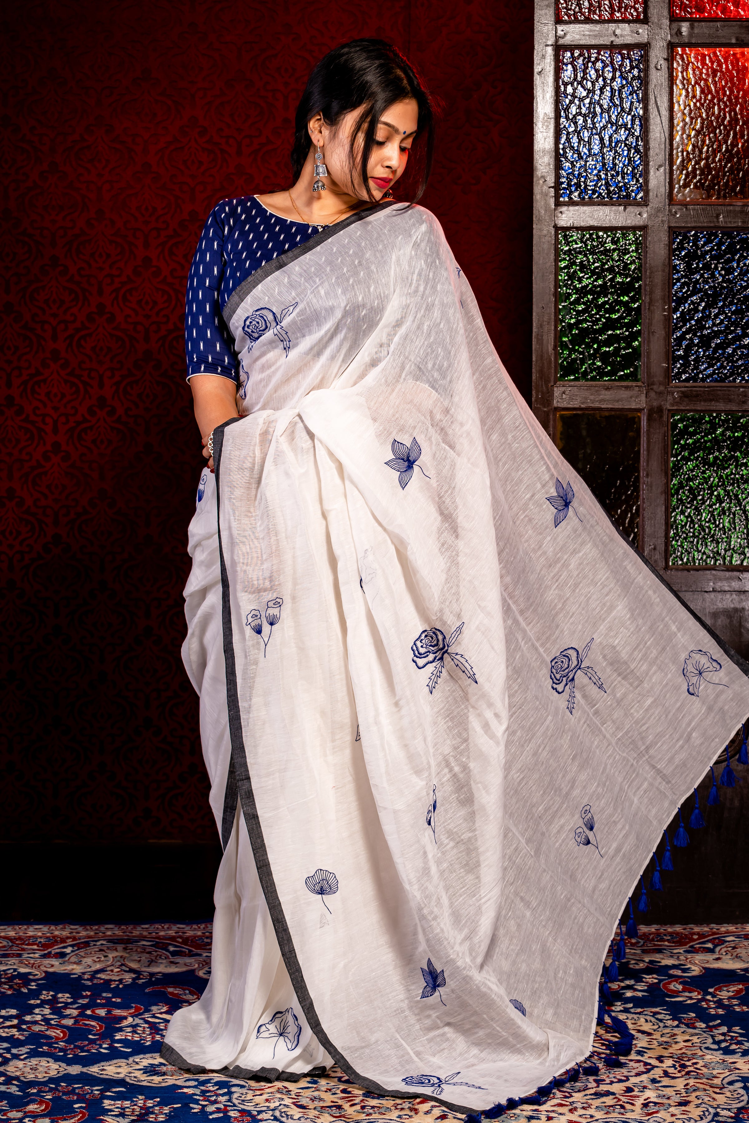 White Linen Saree With Kantha work - Aankona