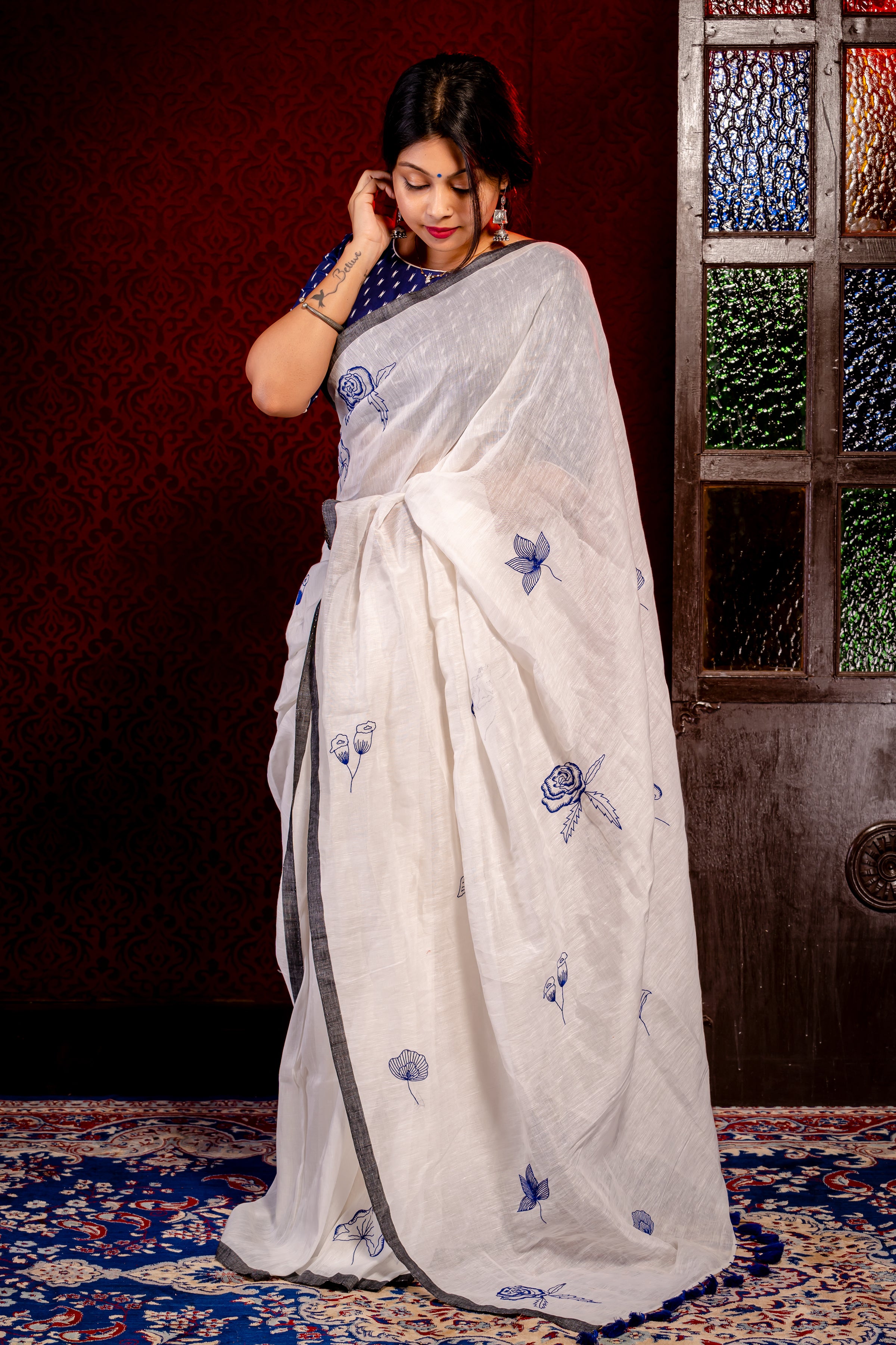 White Linen Saree With Kantha work - Aankona