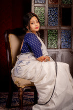 White Linen Saree With Kantha work - Aankona
