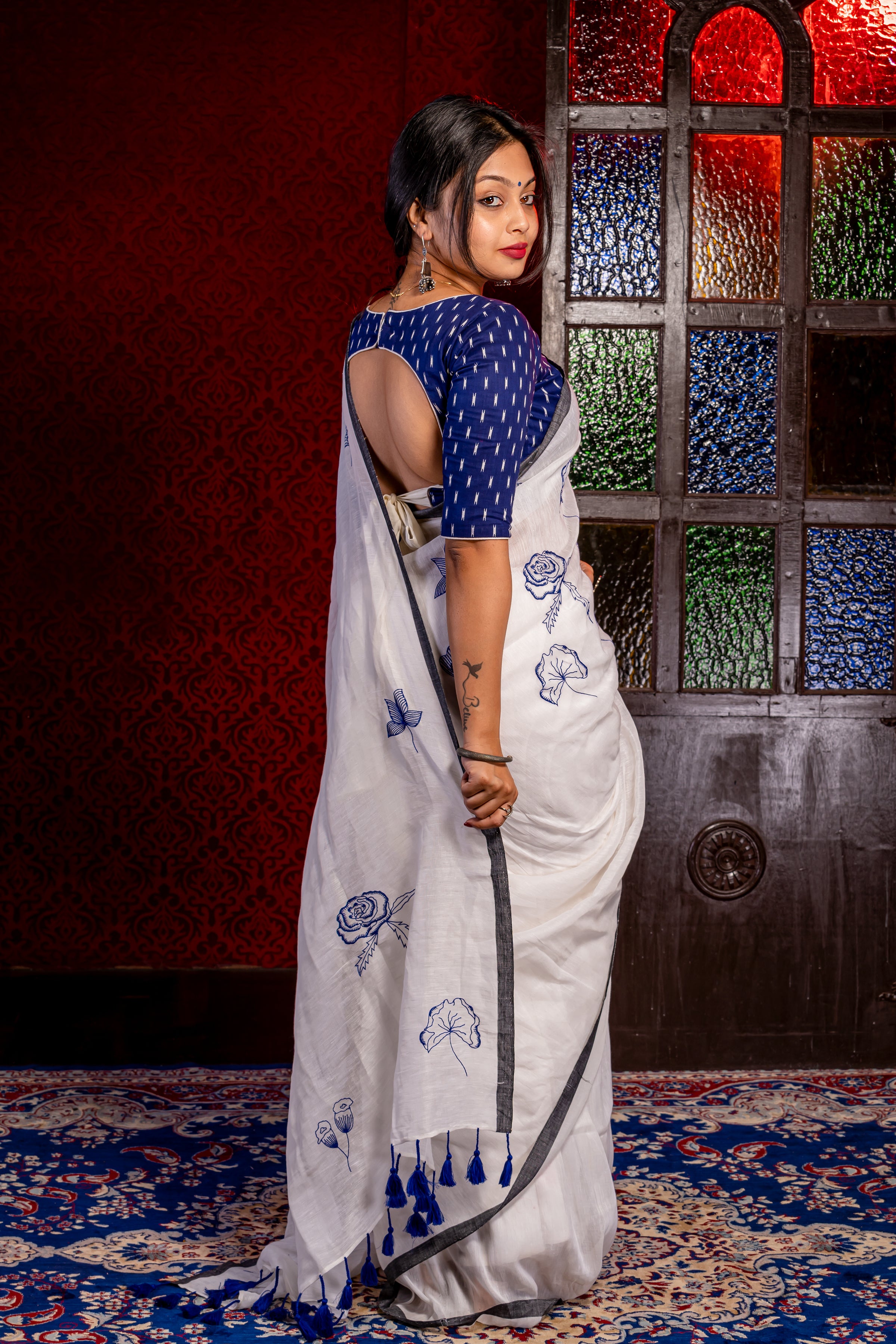 White Linen Saree With Kantha work - Aankona