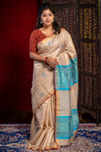 Ivory With blue Tussar Saree - Aankona