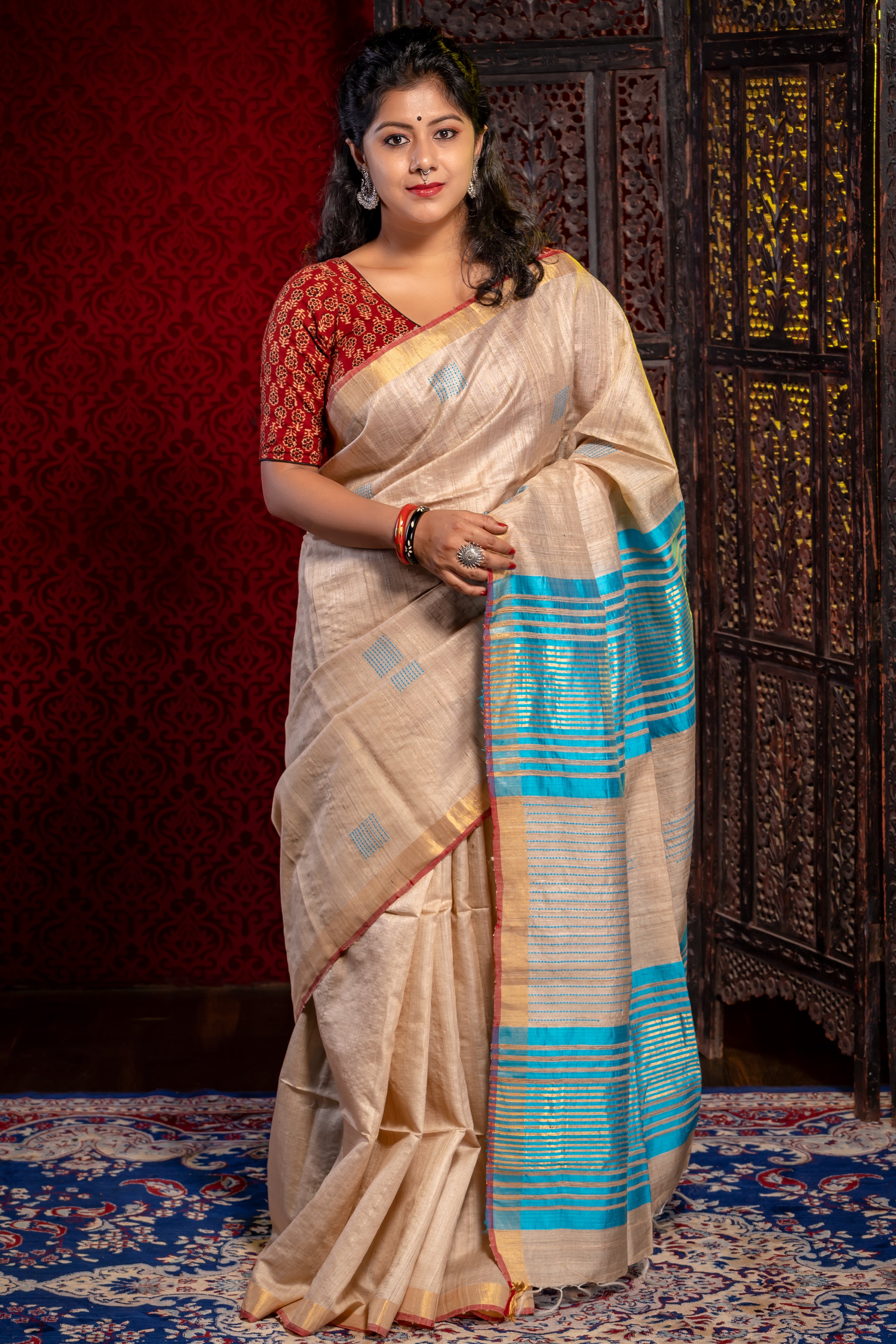 Ivory With blue Tussar Saree - Aankona