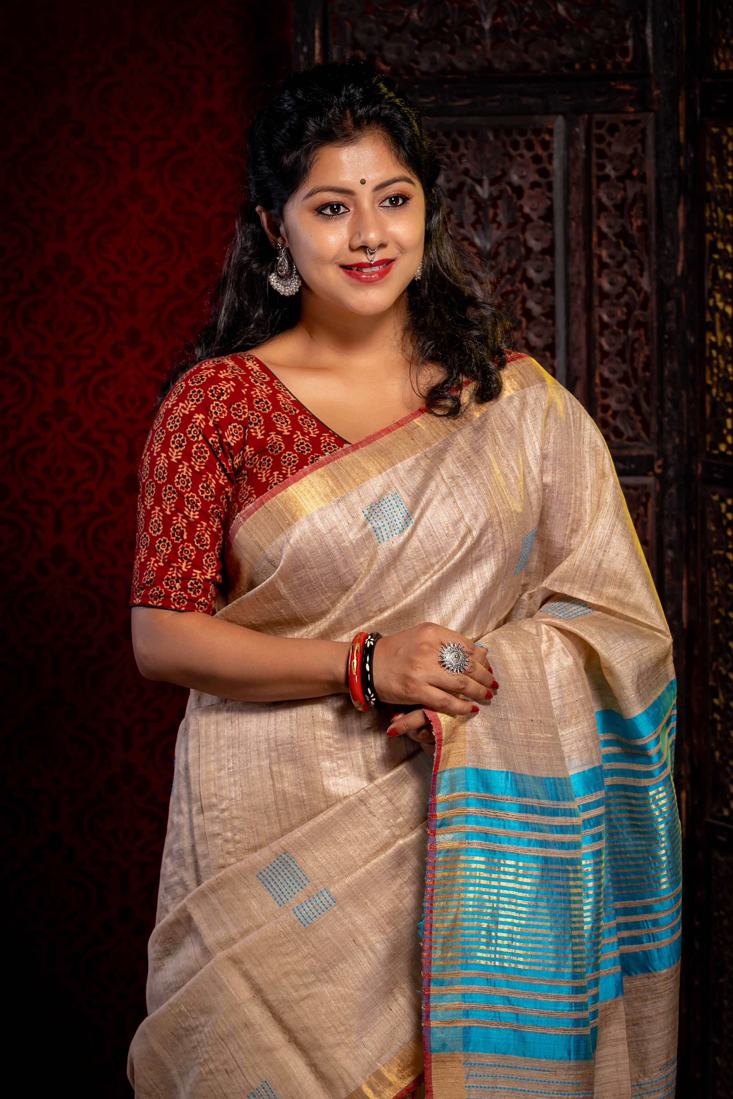 Ivory With blue Tussar Saree - Aankona